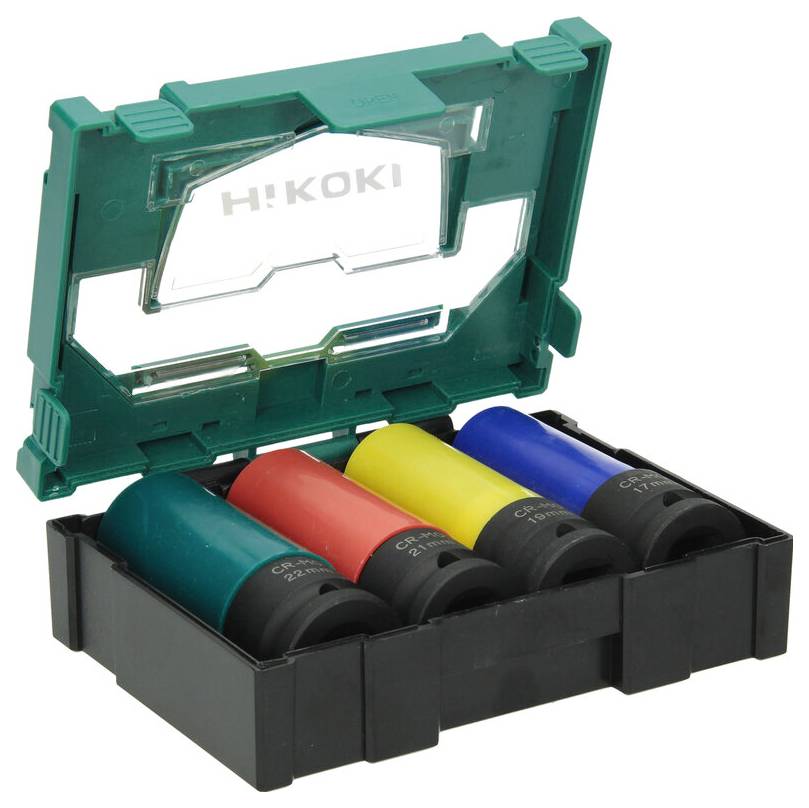 Une boîte à outils verte ouverte révèle quatre clés à douille colorées : rouge, jaune, bleue et noire. Le couvercle est marqué du logo « HiKOKI ».