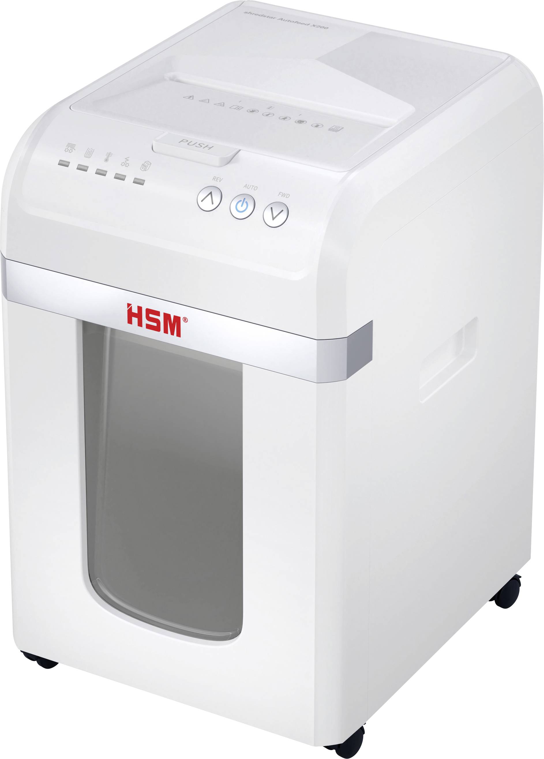 Un destructeur de documents blanc avec des boutons de commande sur le dessus, doté d'une fenêtre transparente à l'avant. Le logo de la marque « HSM » est visible.