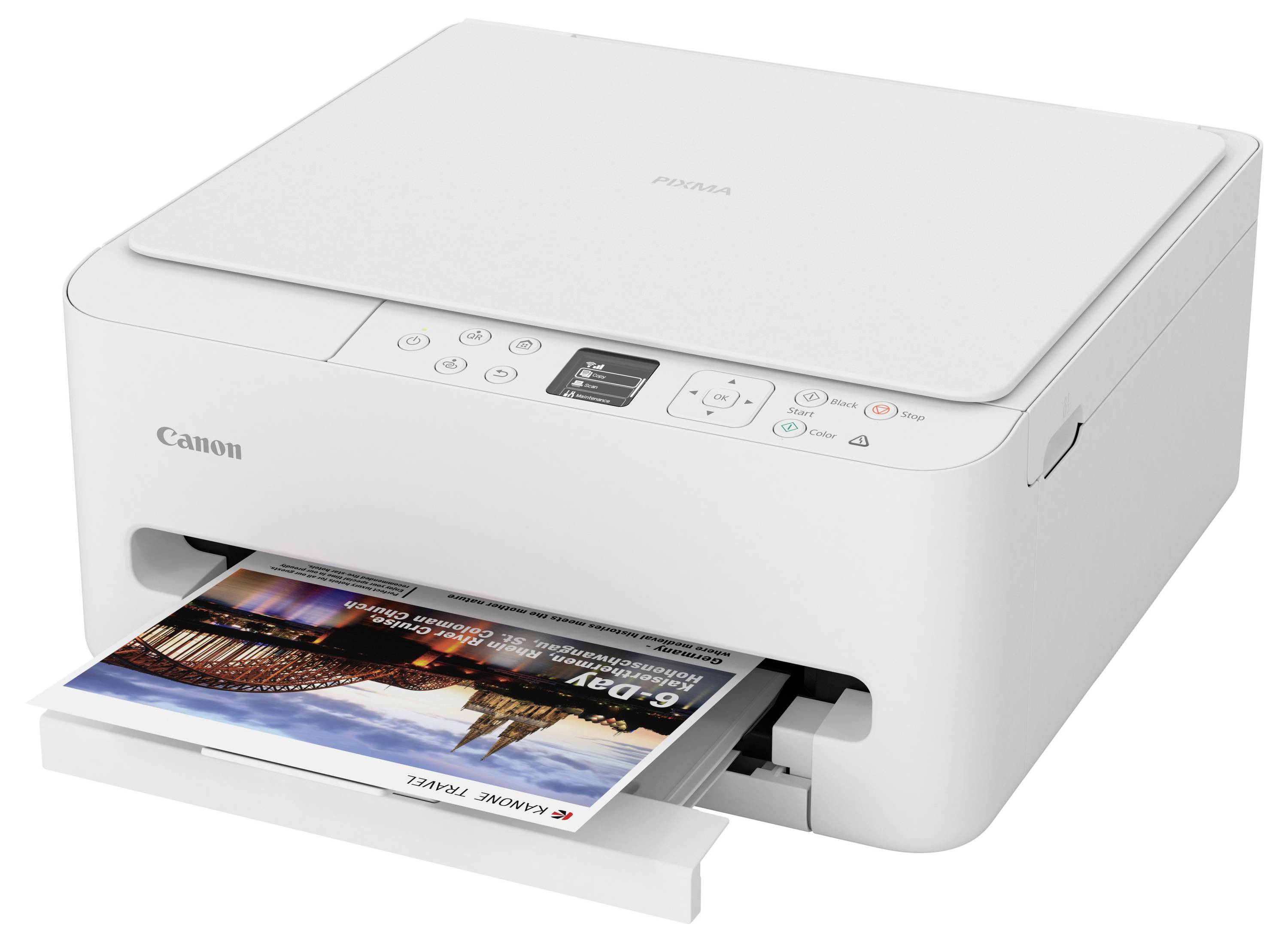 Un imprimante Canon imprime une photo couleur. L'appareil est blanc avec plusieurs boutons de contrôle et un écran d'affichage sur le panneau supérieur.