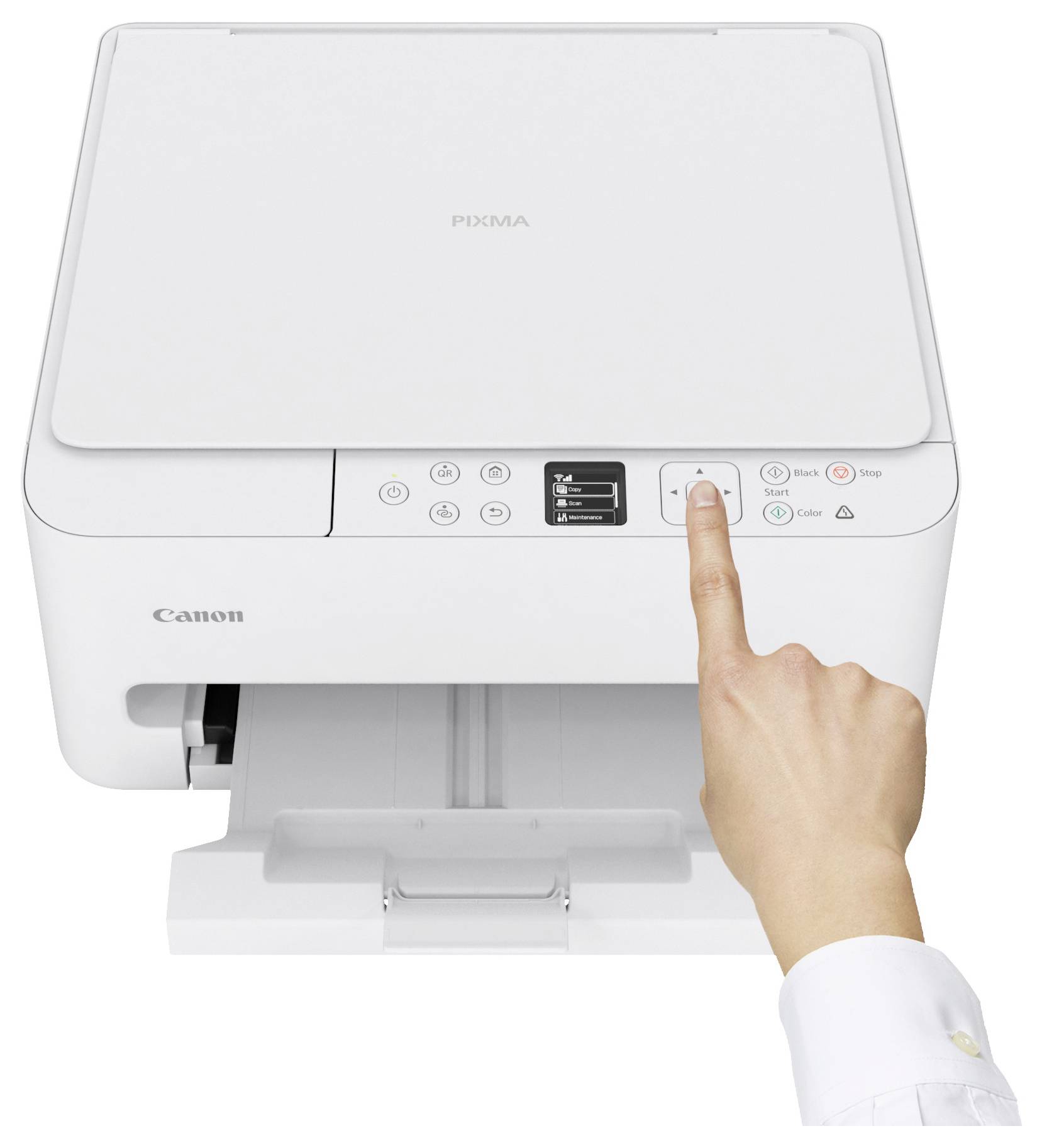 La main d'une personne appuie sur le bouton d'alimentation d'une imprimante Canon Pixma, avec le bac à papier ouvert et les boutons du panneau de commande bien visibles.