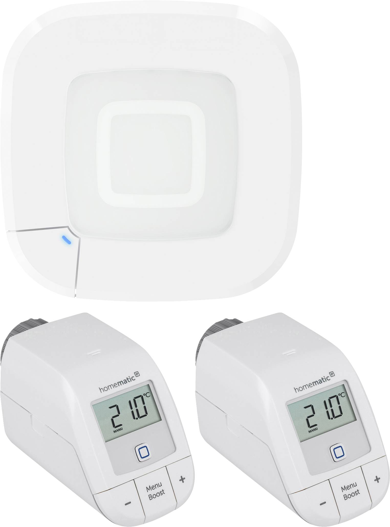 Ein intelligentes Heizungssteuerungssystem mit einem zentralen Thermostat und zwei digitalen Heizkörperreglern, die '21,0' anzeigen.
