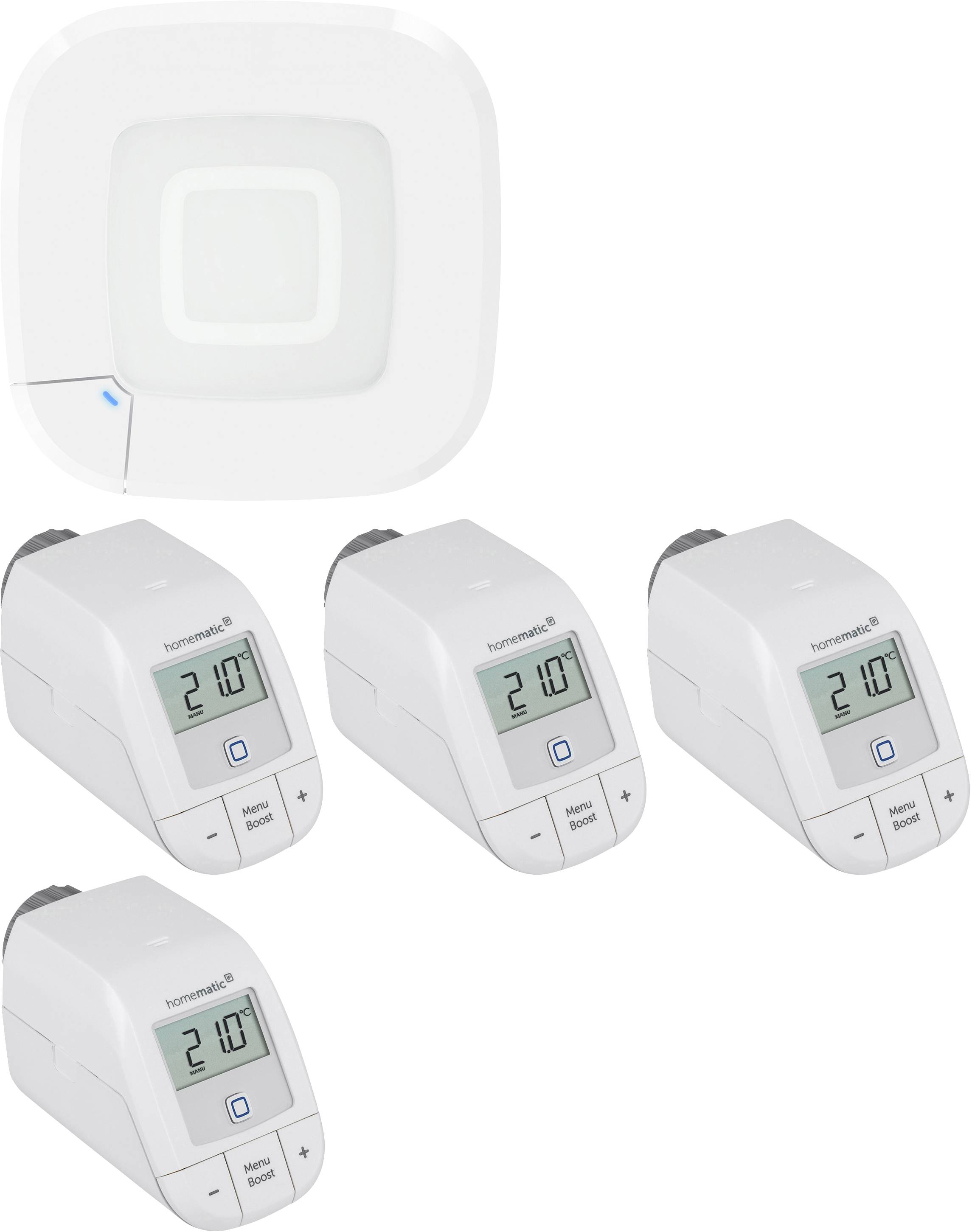 Vier intelligente Thermostatische Heizkörperventile und eine zentrale Steuereinheit. Die Ventile zeigen '21,0' auf ihren Displays, was die Temperatureinstellungen anzeigt.