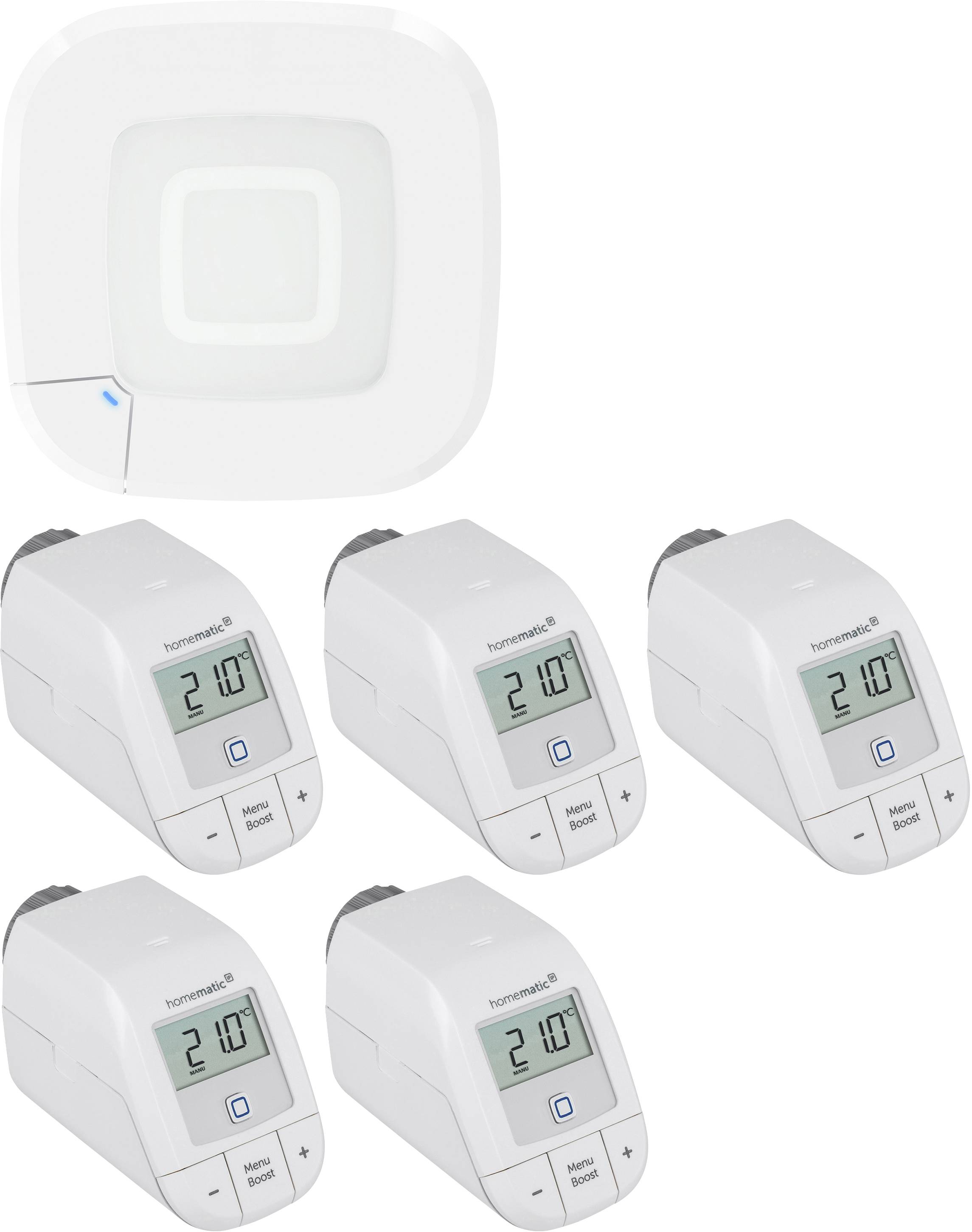 Smart-Home-Heizungssystem mit vier digitalen Thermostaten, die auf 21,0 Grad eingestellt sind und in einem Raster angeordnet sind, gekoppelt mit einer zentralen Steuerungseinheit.