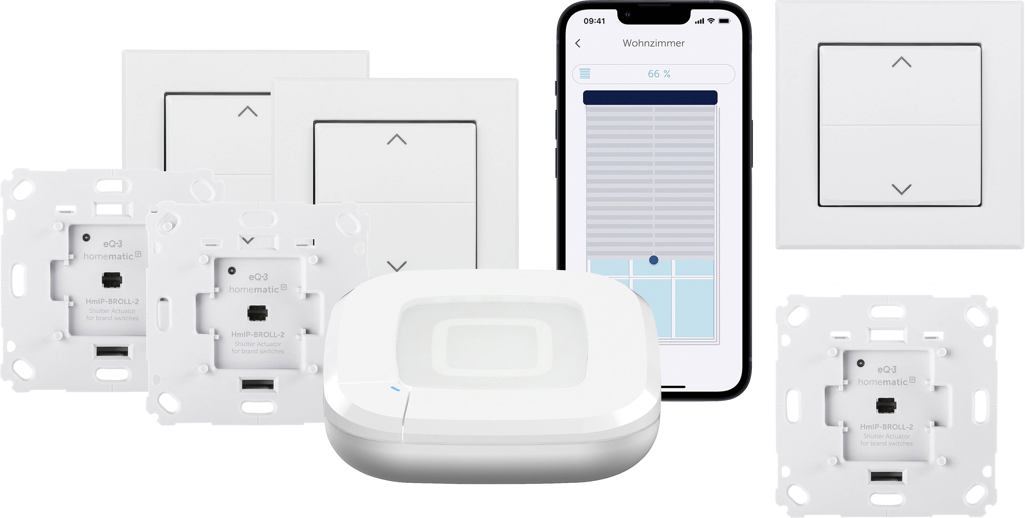 Intelligentes Smart-Home-Beleuchtungssystem mit Schaltern, einer zentralen Steuereinheit und einer Smartphone-App mit einer Dimmerfunktion, das die Vernetzung veranschaulicht.