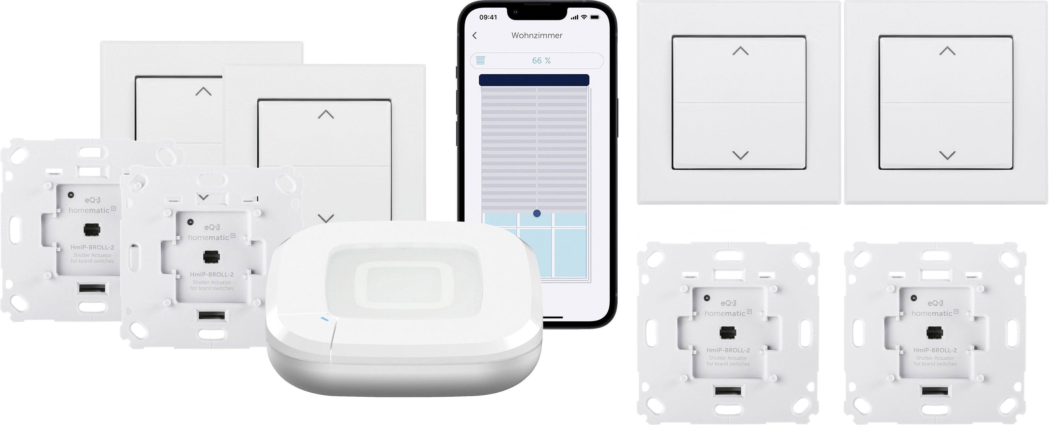 Ein Smart Home Beleuchtungsset mit einer App auf einem Smartphone-Bildschirm, vier Unterputz-Schaltern und einer zentralen Steuereinheit für die Fernsteuerung von Beleuchtung.
