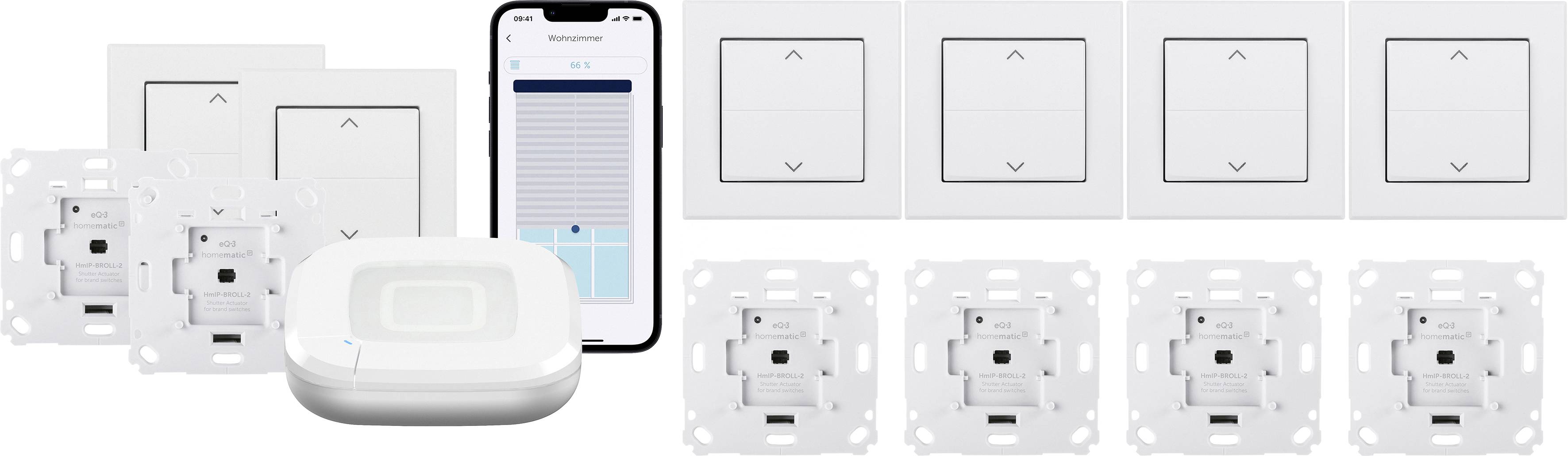 Smart-Home-Beleuchtungssteuerungsset mit zentraler Steuereinheit, Smartphone mit App und mehreren weißen Wandschaltern für Beleuchtungsautomatisierung.