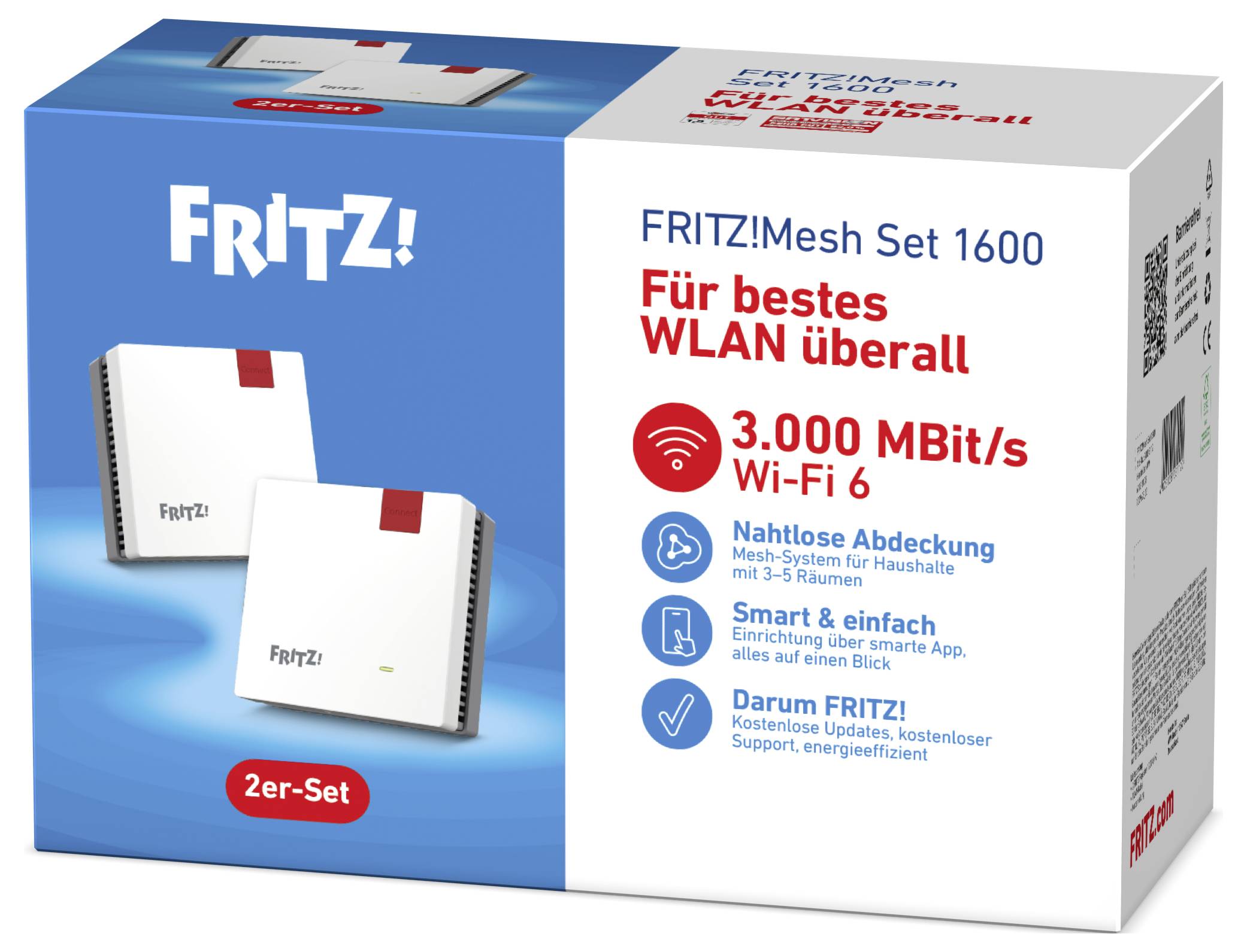 Boîte de deux routeurs FRITZ! Mesh Set 1600 pour une couverture Wi-Fi avec des fonctionnalités telles que 3000 Mbit/s, Wi-Fi 6, une couverture sans couture et une configuration facile.