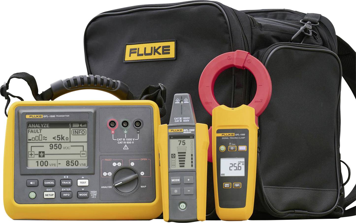 Ein Set von Fluke Elektro-Prüfwerkzeugen bestehend aus einem digitalen Multimeter, Zangenmessgerät, Spannungsprüfer und einer schwarzen Tragetasche.