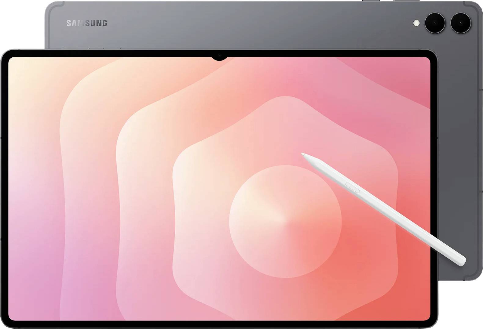 Tablette Samsung avec stylet devant elle, affichant un écran à dégradé rose. La tablette est positionnée de manière à montrer à la fois son avant et son arrière.