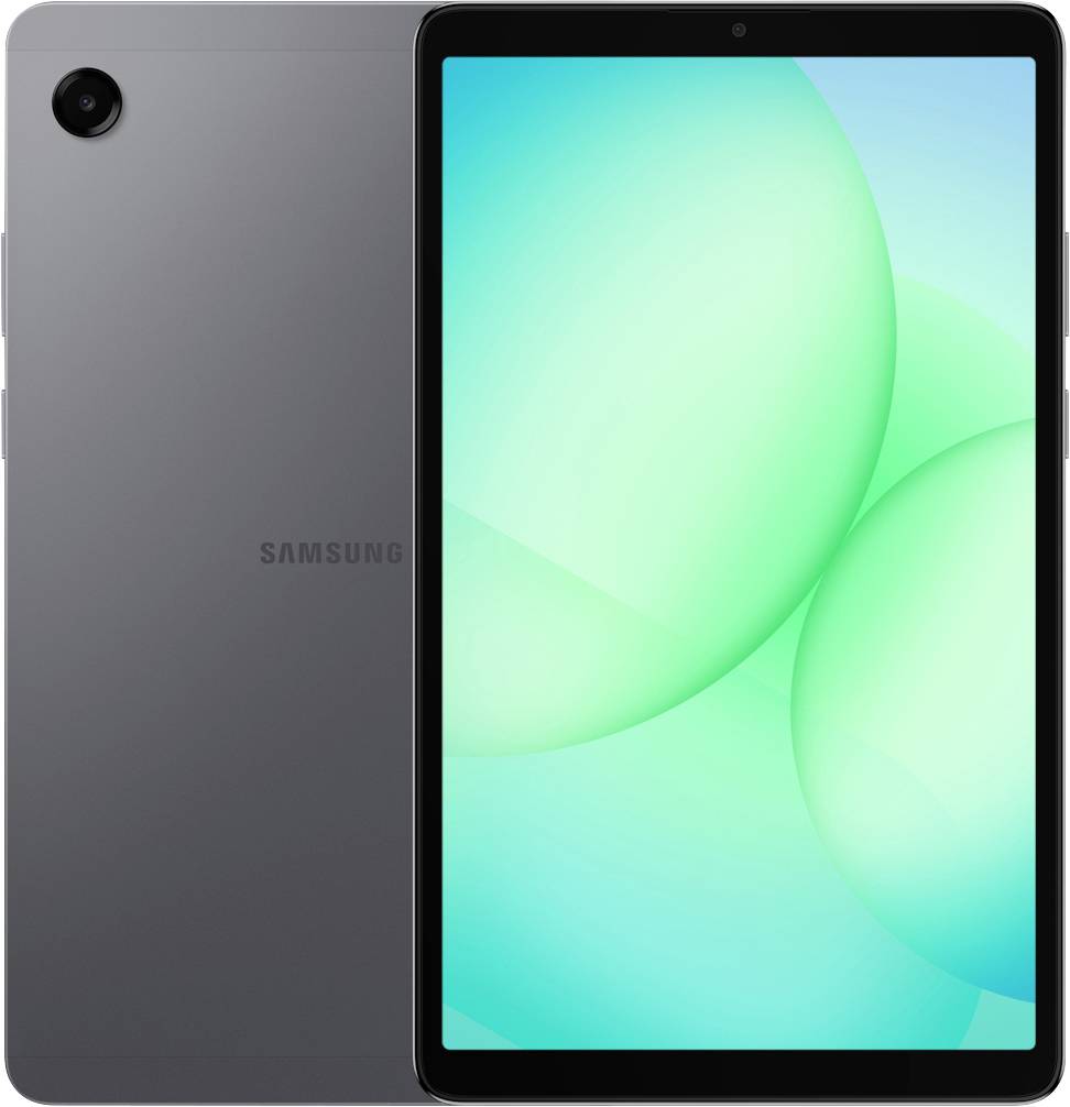 Une tablette noire avec un appareil photo dans le coin supérieur gauche, affichant un fond abstrait vert sur l'écran.
