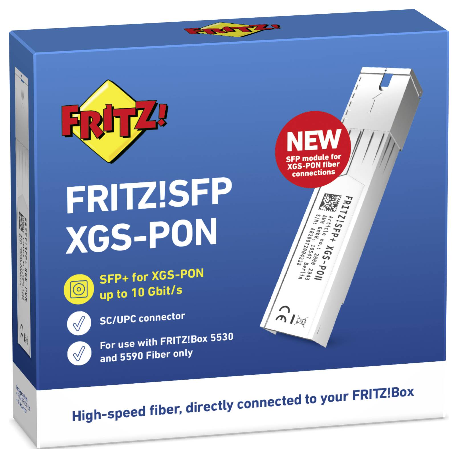 Boîtier 'FRITZ!SFP XGS-PON' avec image d'un module réseau. Points clés : 'SFP+ pour XGS-PON', 'jusqu'à 10 Gbit/s', compatible avec les routeurs FRITZ!Box.