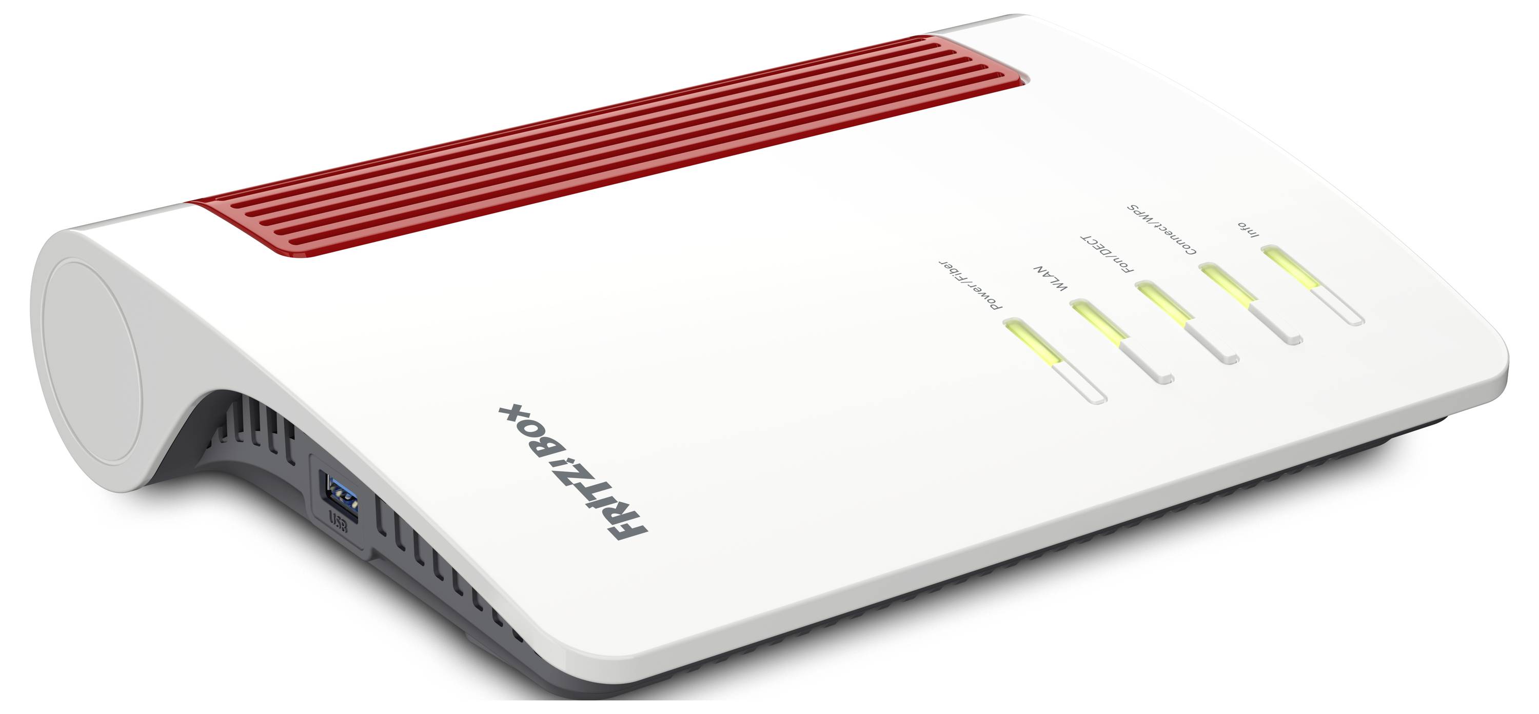 Un routeur blanc et rouge portant l'étiquette « FRITZ!Box » avec des voyants lumineux indiquant l'alimentation, la connexion internet et les connexions LAN sur le panneau avant.