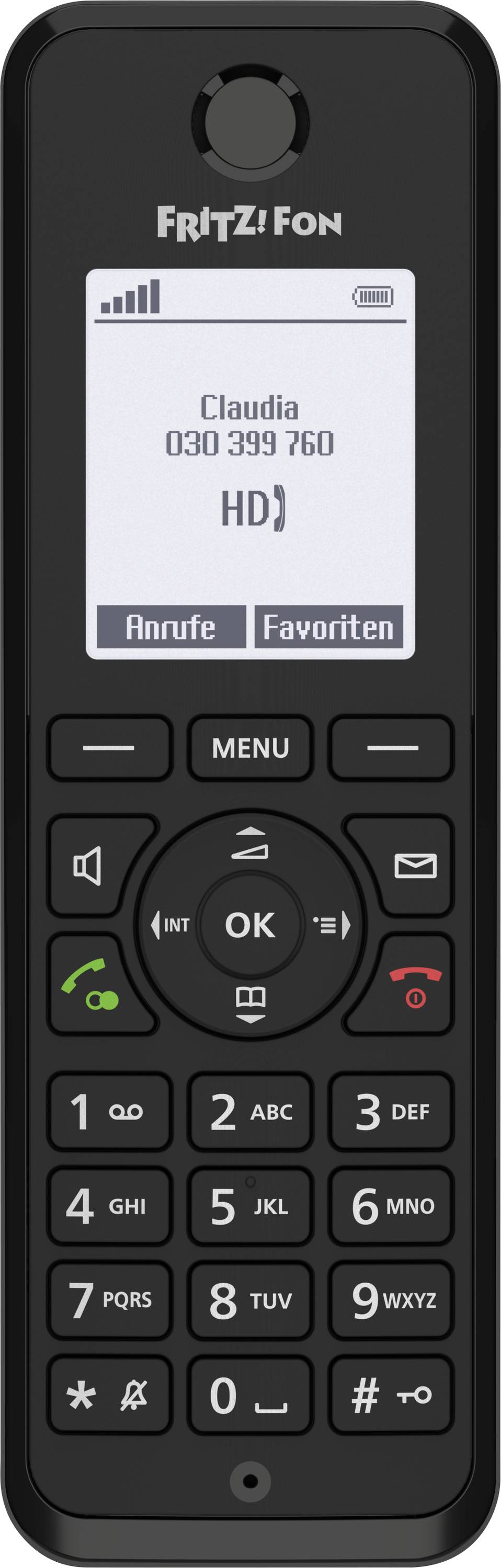 Téléphone sans fil de marque « FRITZ!Fon » avec un écran affichant « Claudia » et un numéro de téléphone. Les touches comprennent « Menu » et « Favoris ».