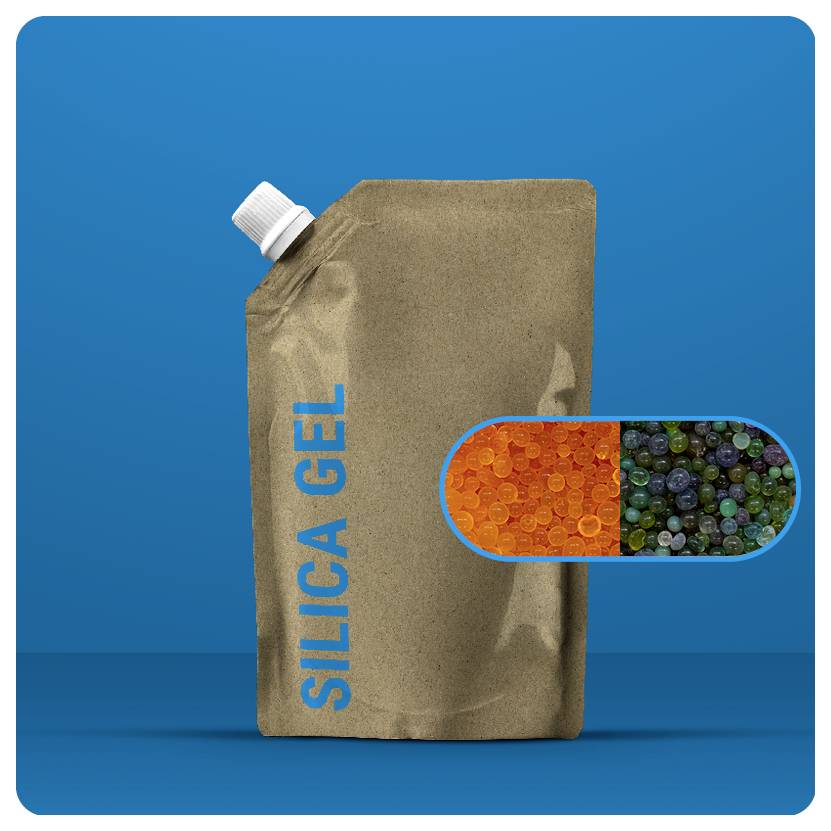 Pochette marron étiquetée « GEL DE SILICE » avec un bouchon blanc, placée sur un fond bleu. Un encart en gros plan montre des billes de silice orange et multicolores.