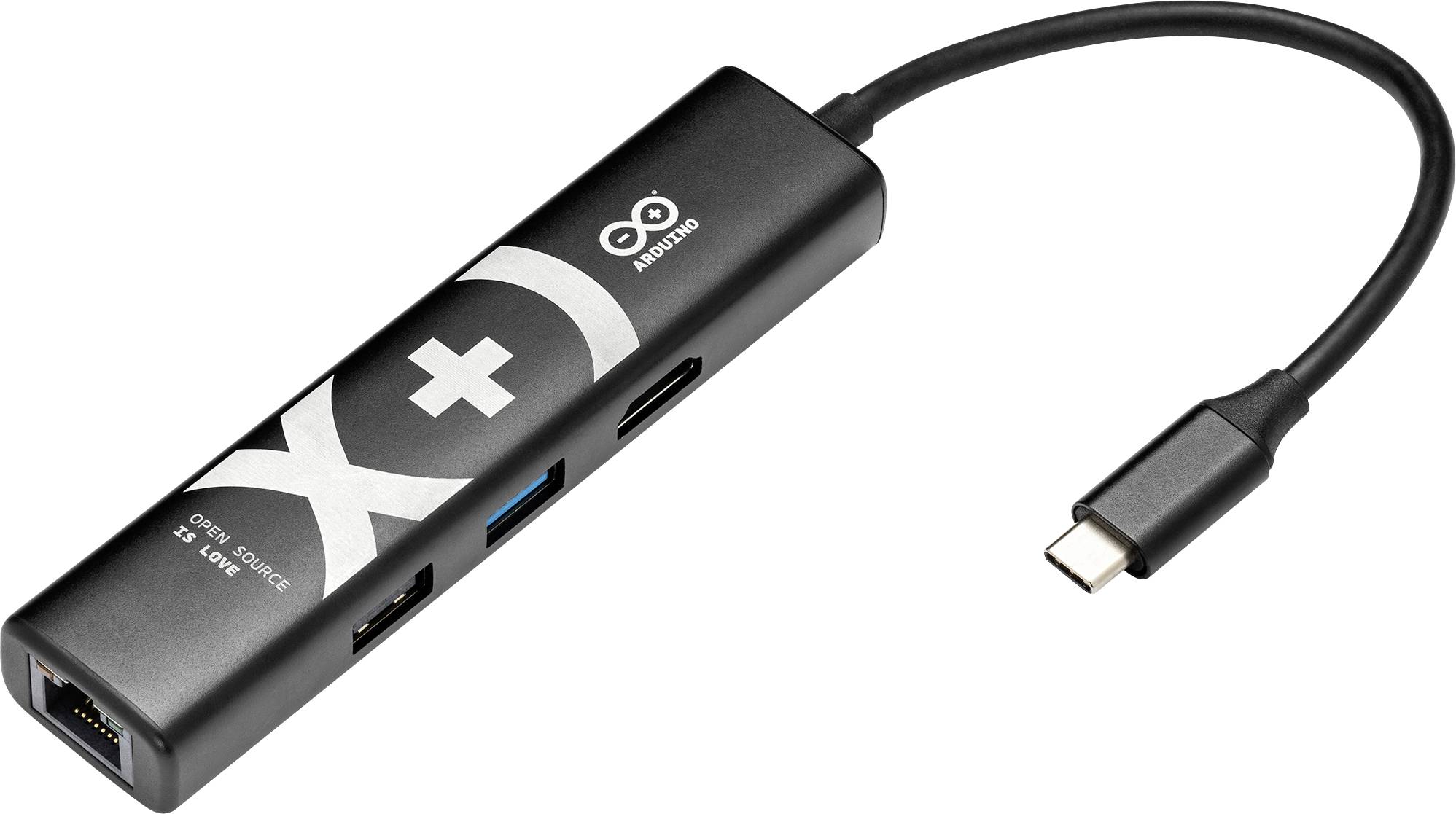 Concentrateur/adaptateur USB-C noir avec plusieurs ports, notamment USB-A, HDMI, Ethernet et un lecteur de carte SD, relié par un court câble.