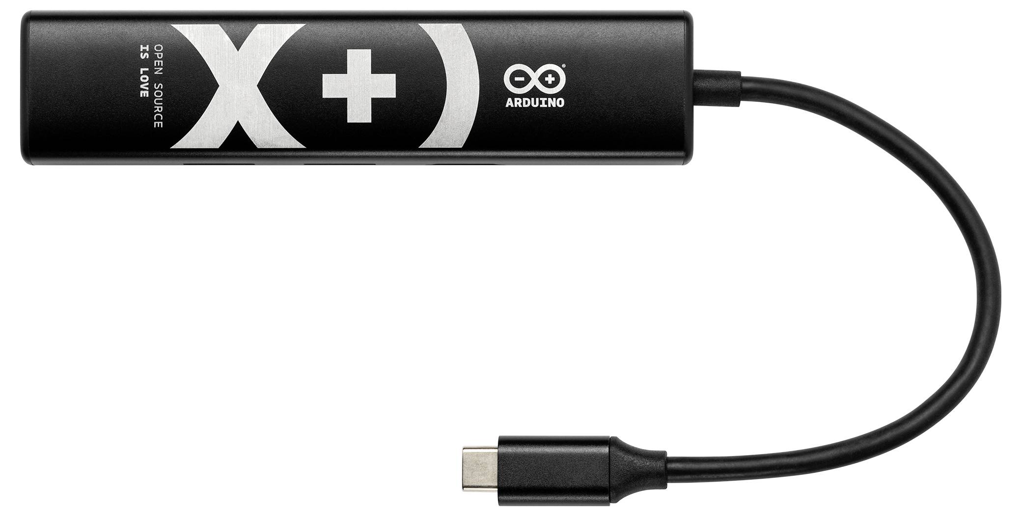 Un appareil de marque Arduino noir avec un connecteur USB-C. Il présente une grande croix et un signe plus à la surface.