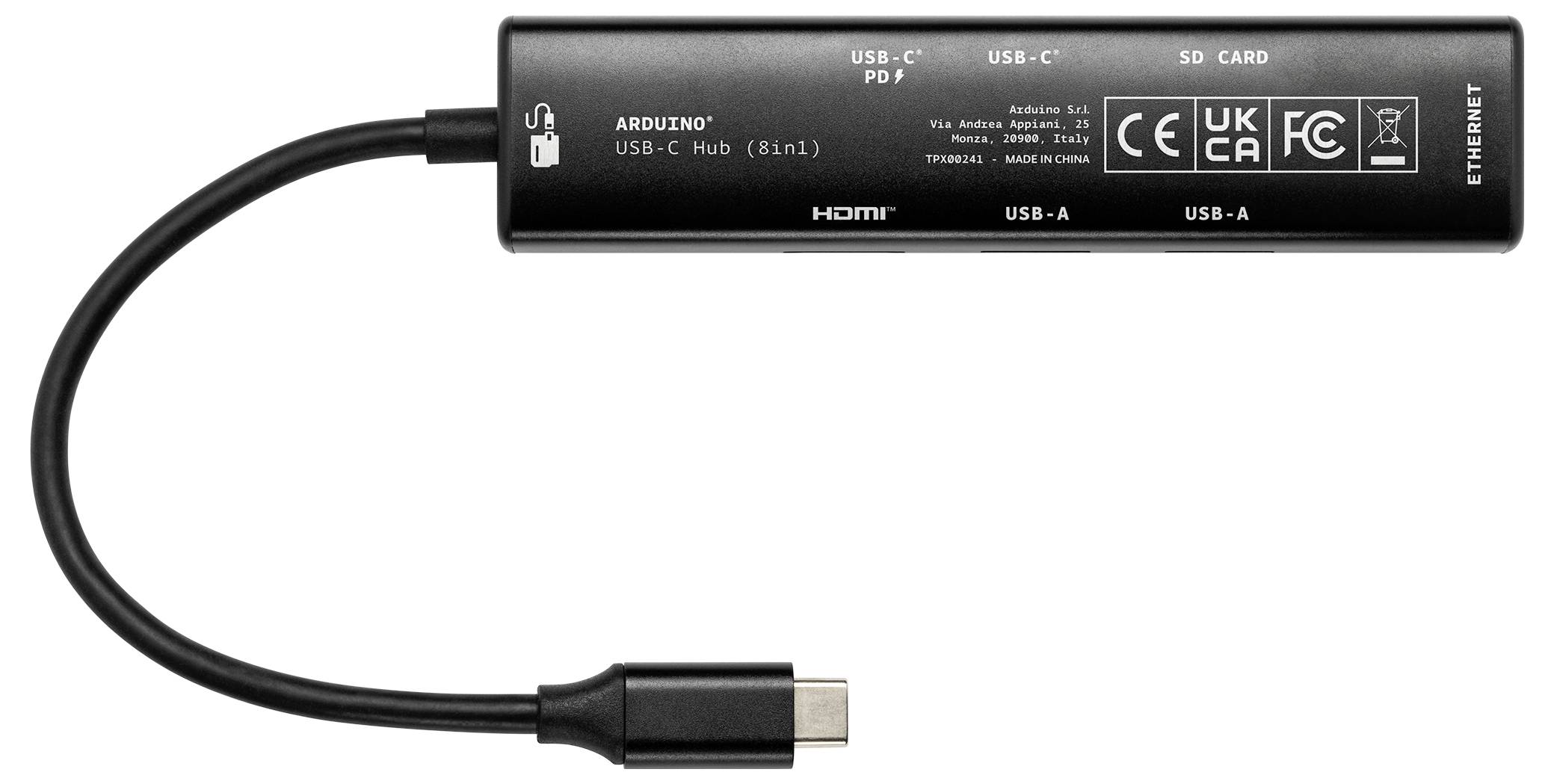Un concentrateur USB-C « 8 en 1 » avec un câble court proposant divers ports : USB-C PD, USB-C, lecteur de carte SD, HDMI, USB-A et Ethernet.