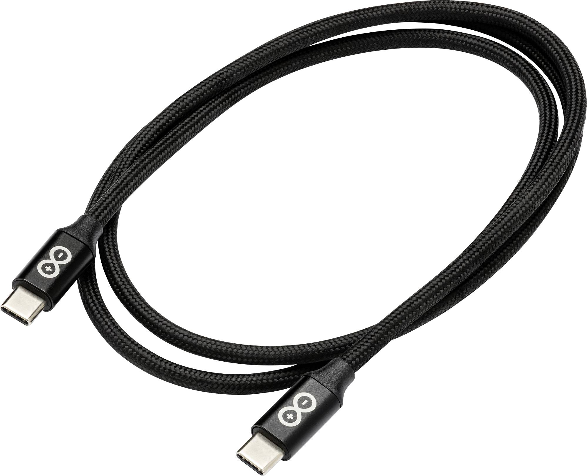Un câble USB-C vers USB-C noir avec un revêtement tressé, présentant des symboles circulaires blancs sur les connecteurs.