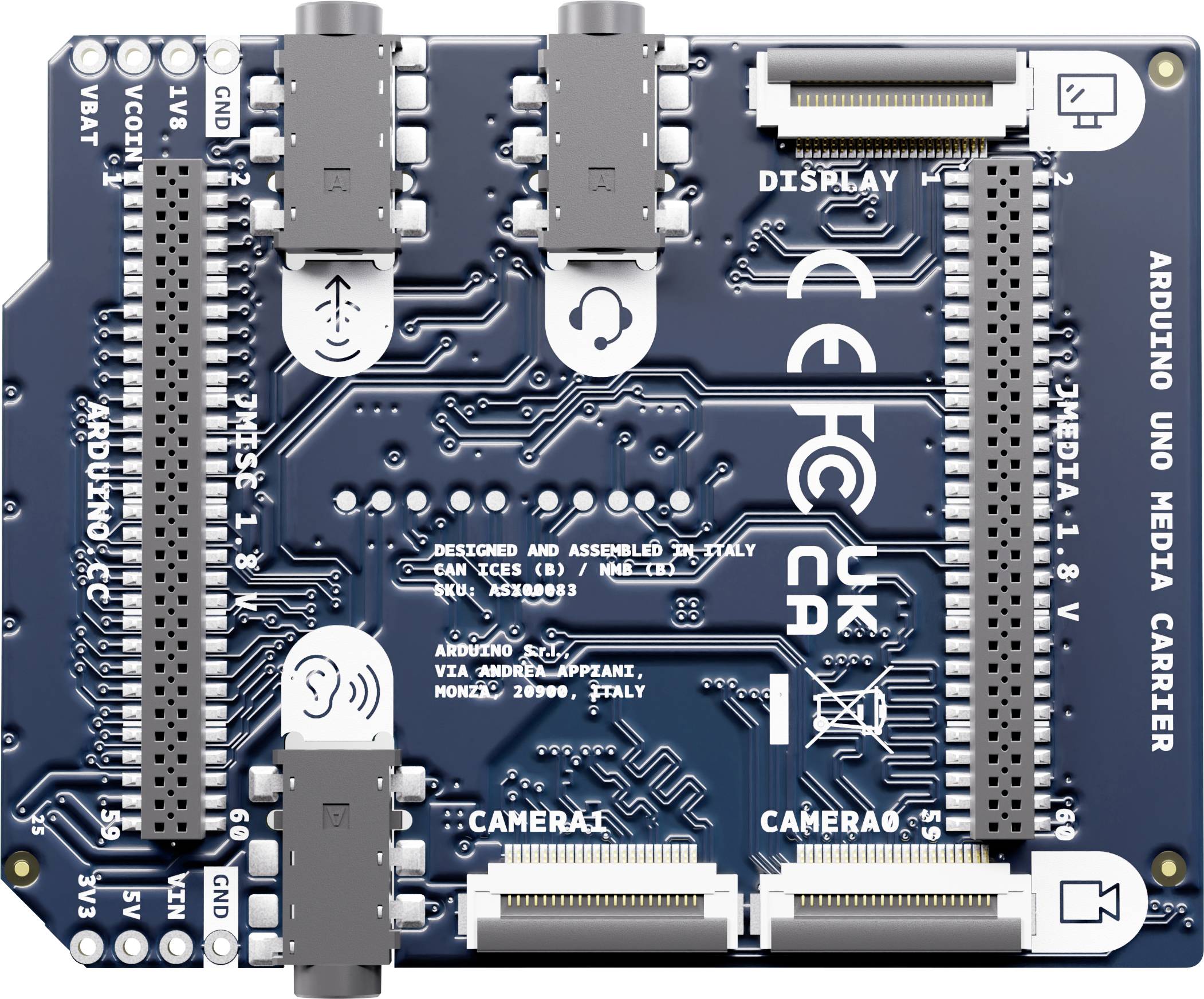 Une vue rapprochée d'un support multimédia Arduino UNO avec des prises étiquetées pour l'affichage et les caméras, et des symboles de certification au centre.
