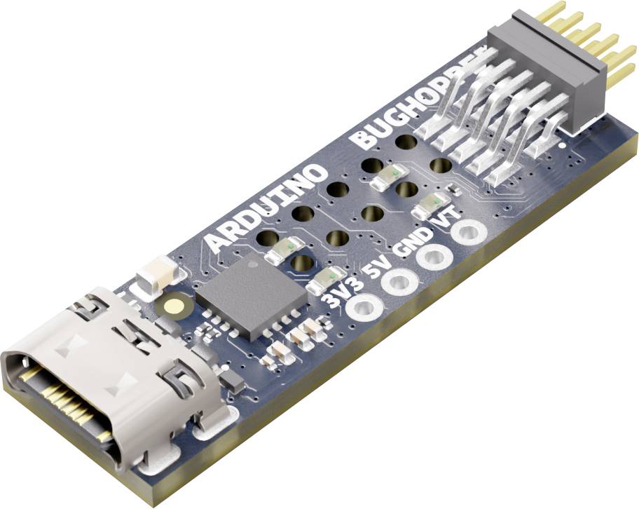 Une petite carte Arduino bleue avec un port micro USB et plusieurs connecteurs portant les labels « BUG H06 » et « M02 », disposant d'indicateurs LED et d'une puce.