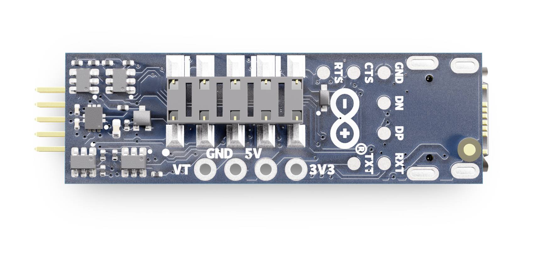 Module électronique 'FTDI USB vers Série' doté de ports étiquetés GND, 5V, 3V3, et de broches pour les signaux numériques, utilisé pour la programmation d'appareils.
