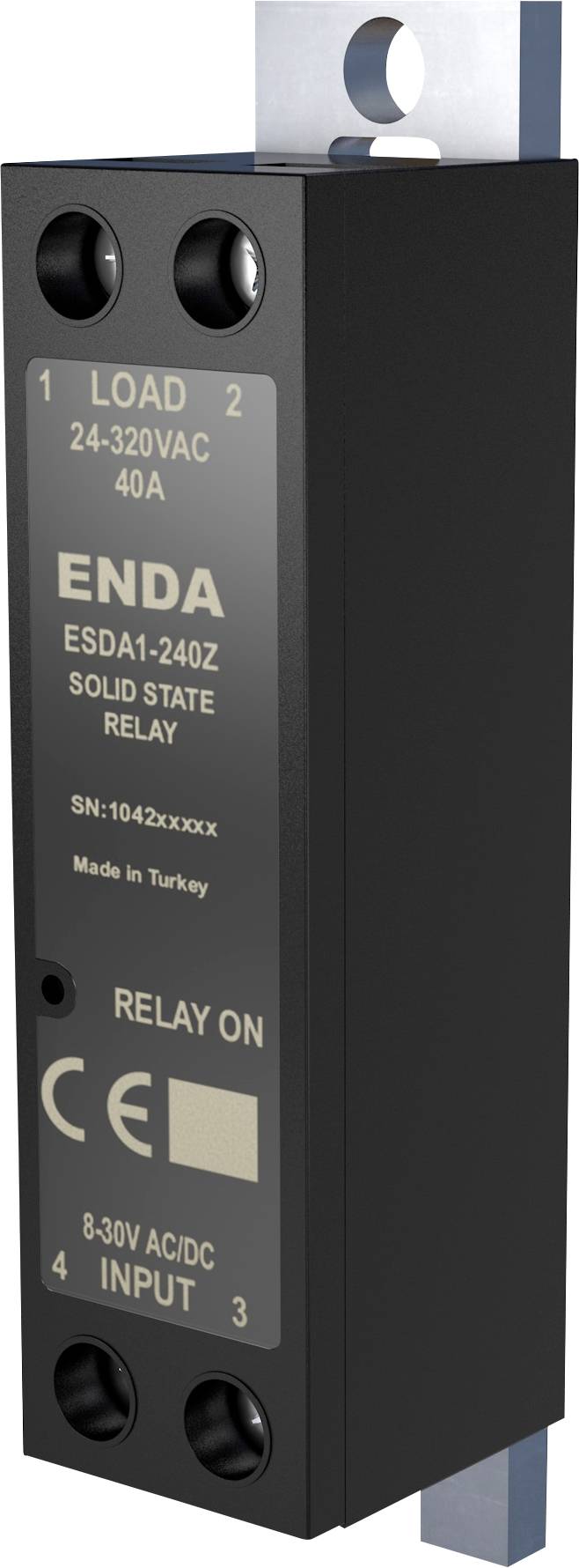 Relais statique étiqueté 'ENDA ESDA1-240Z', supporte 24-320VAC, 40A. Plage d'entrée de 8-30V AC/DC. Indicateur de relais 'ON'. Fabriqué en Turquie.
