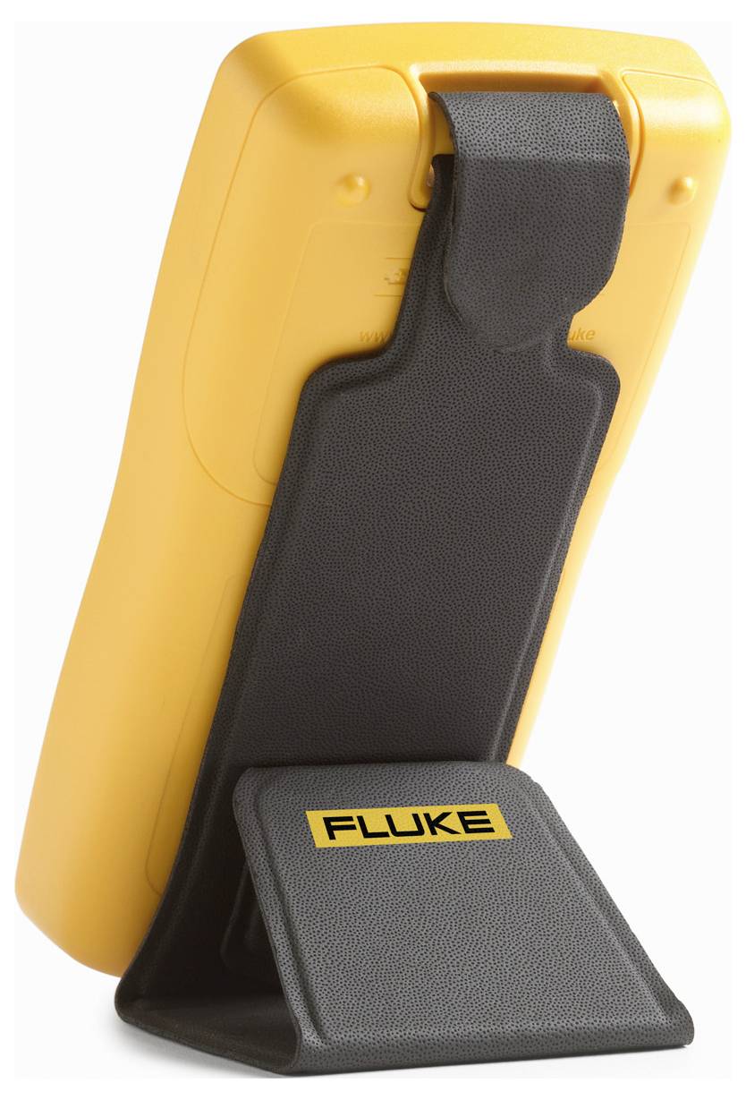 Un appareil portable jaune avec un support noir et l'étiquette 'FLUKE', conçu pour des mesures ou des tests, présenté de dos.