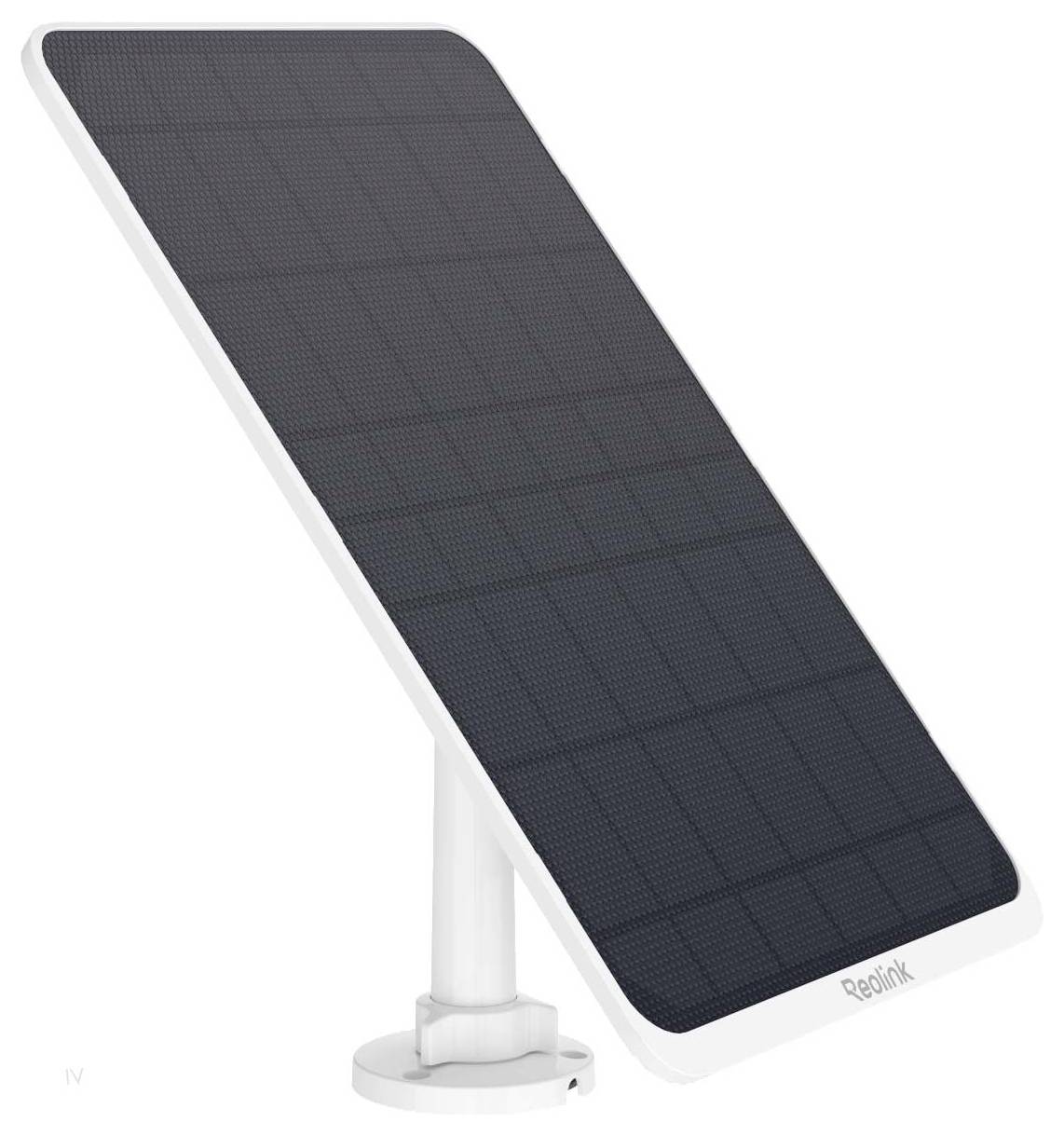 Un panneau solaire noir rectangulaire monté sur un support blanc ajustable, légèrement incliné.