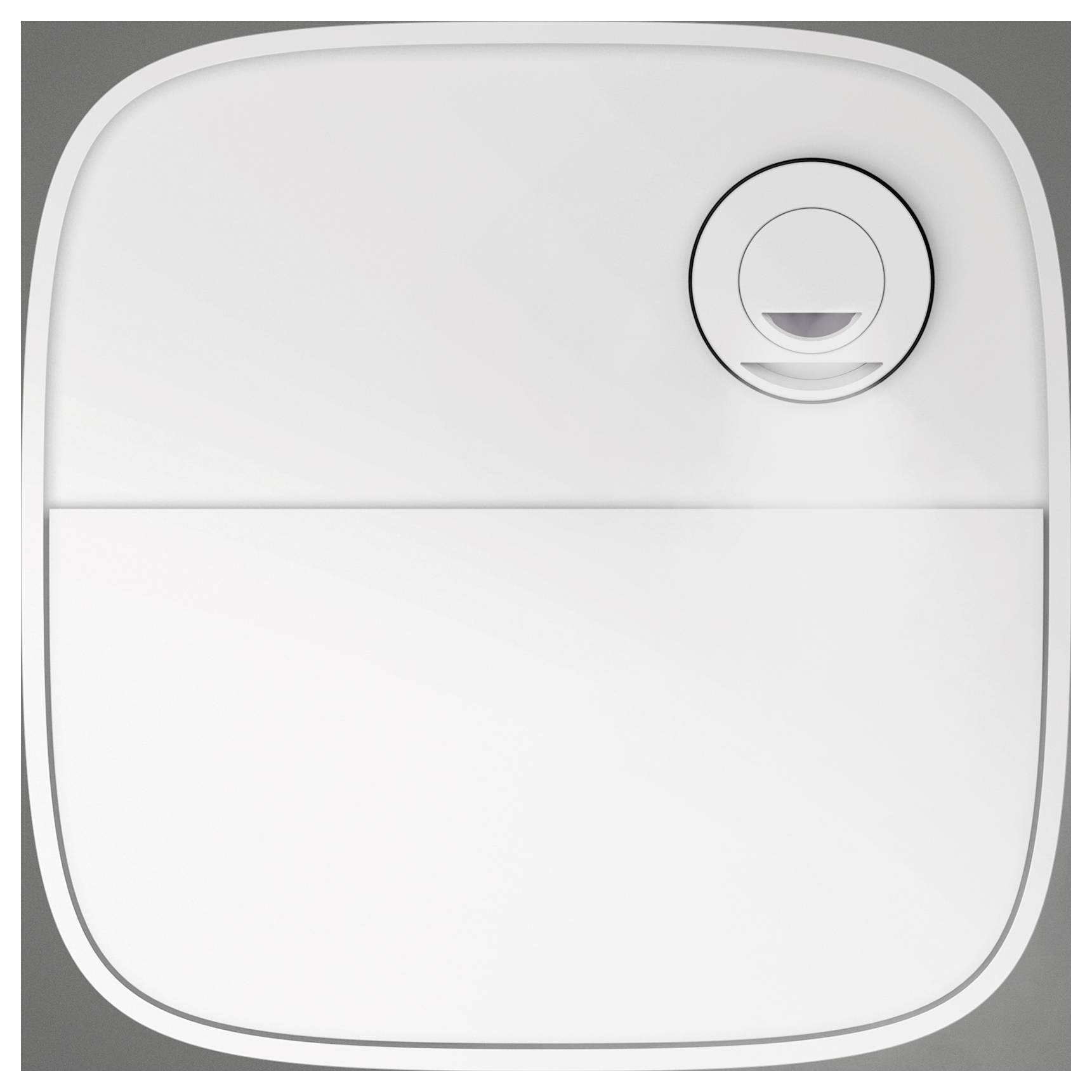 Un panneau mural blanc, carré et minimaliste avec un cadran circulaire dans le coin supérieur droit, sur un fond gris clair.