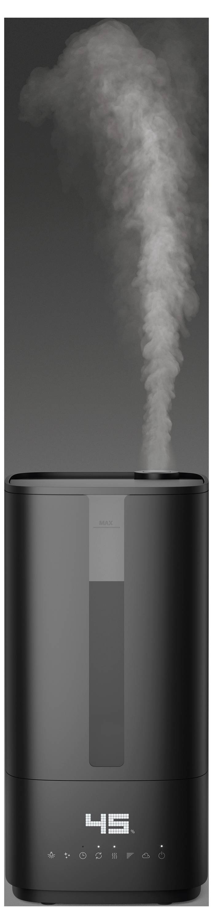 Un humidificateur noir libérant de la brume vers le haut, avec un affichage numérique indiquant '45' et des boutons de contrôle en dessous.