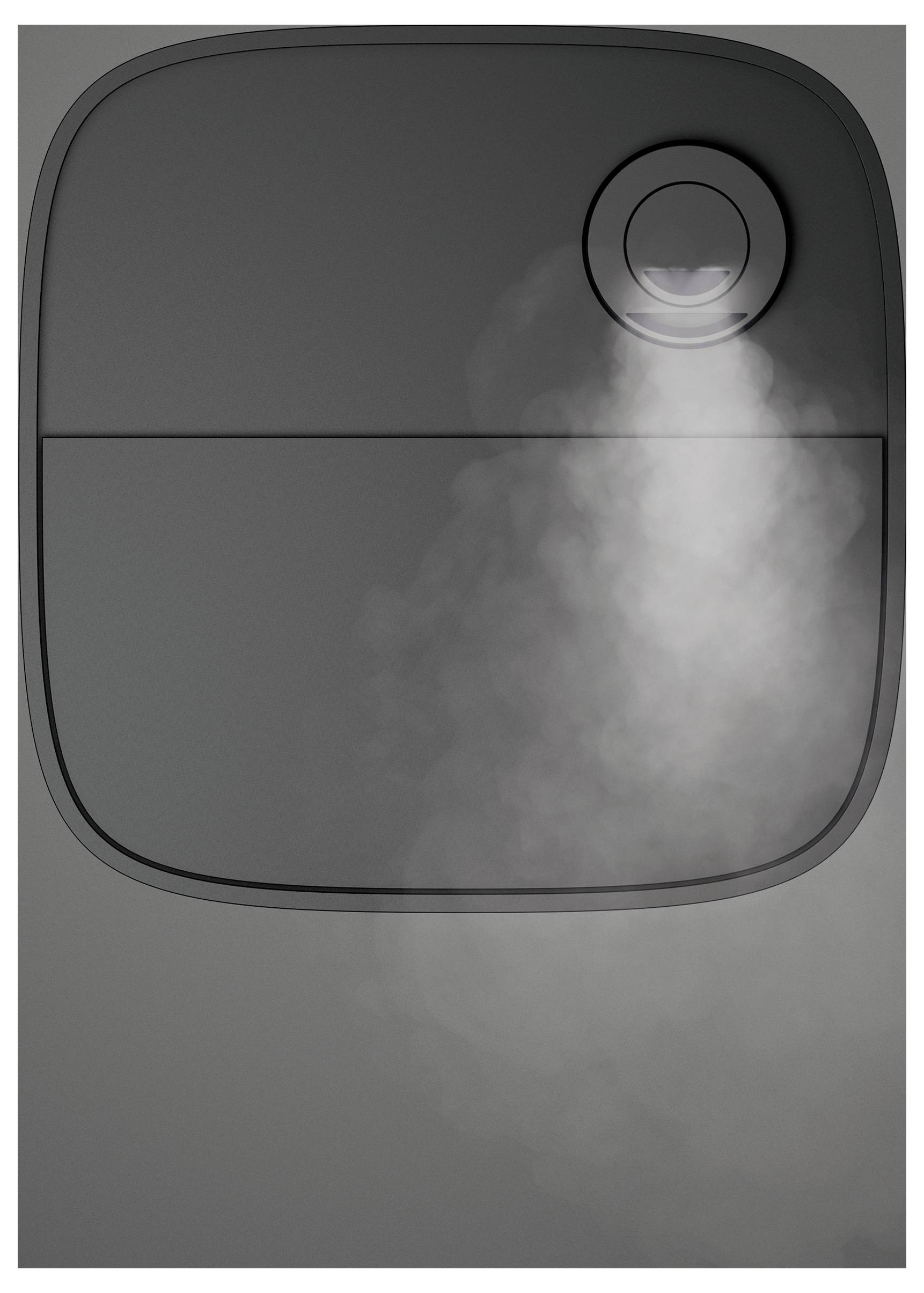 Un appareil noir émet un flux de brume depuis le coin supérieur droit, suggérant qu'il s'agit d'un humidificateur ou d'un diffuseur d'arômes en fonctionnement.
