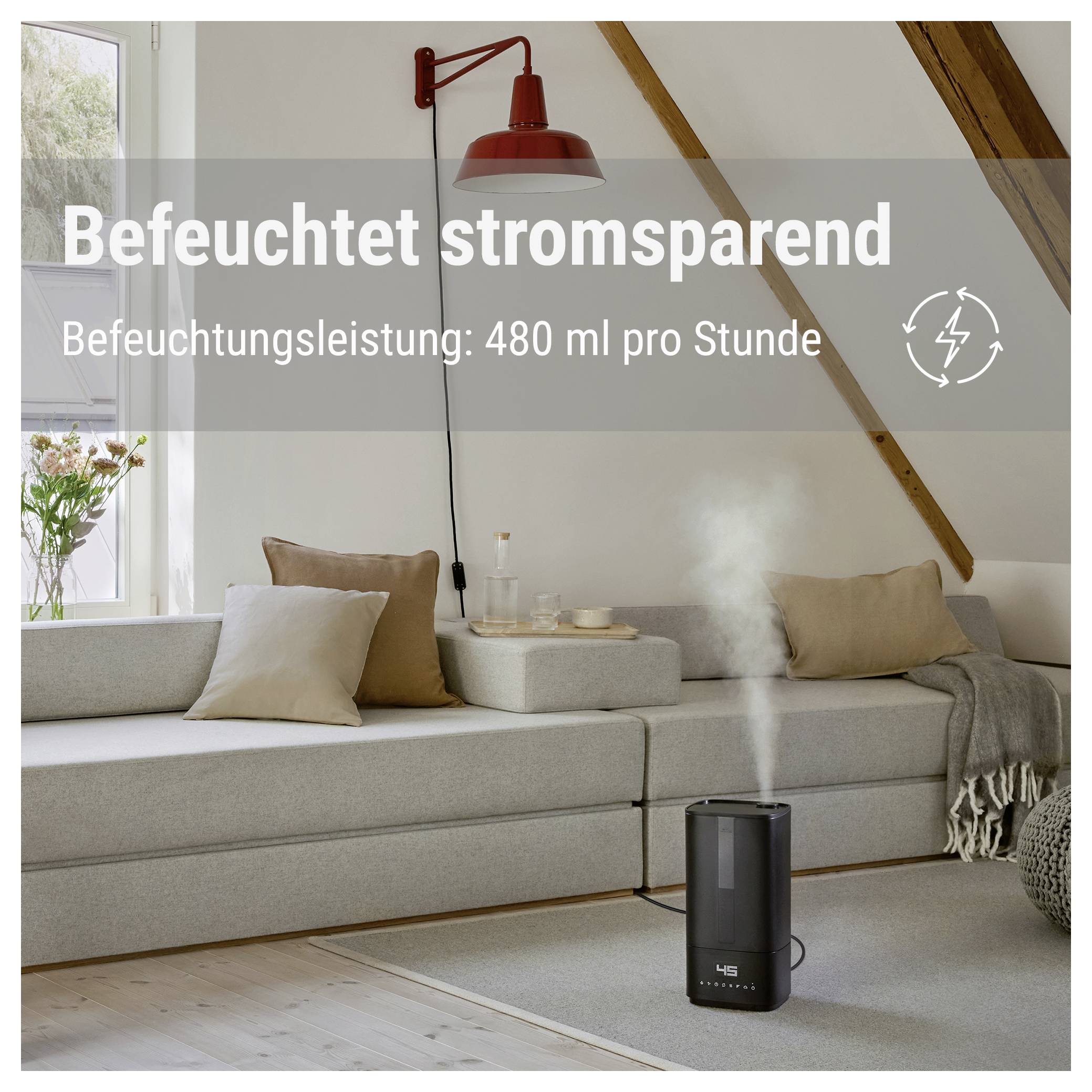 'Humidifie tout en économisant l'électricité. Puissance d'humidification : 480 ml par heure. Salon avec canapé gris, lampe et humidificateur.'