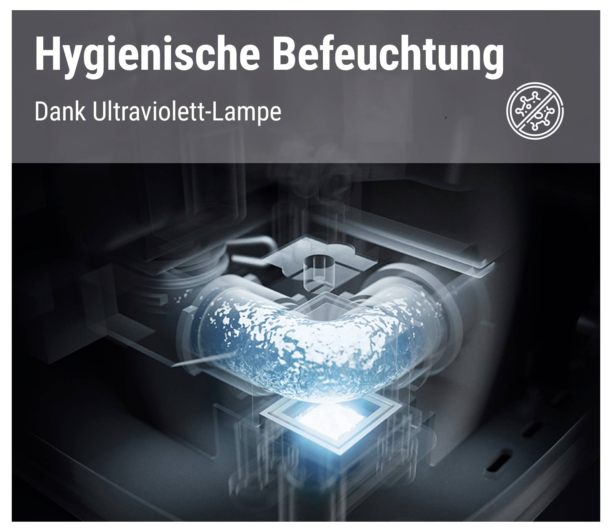 Humidification hygiénique grâce à la lampe ultraviolette montre une technologie avec lumière bleue et tubes de désinfection.