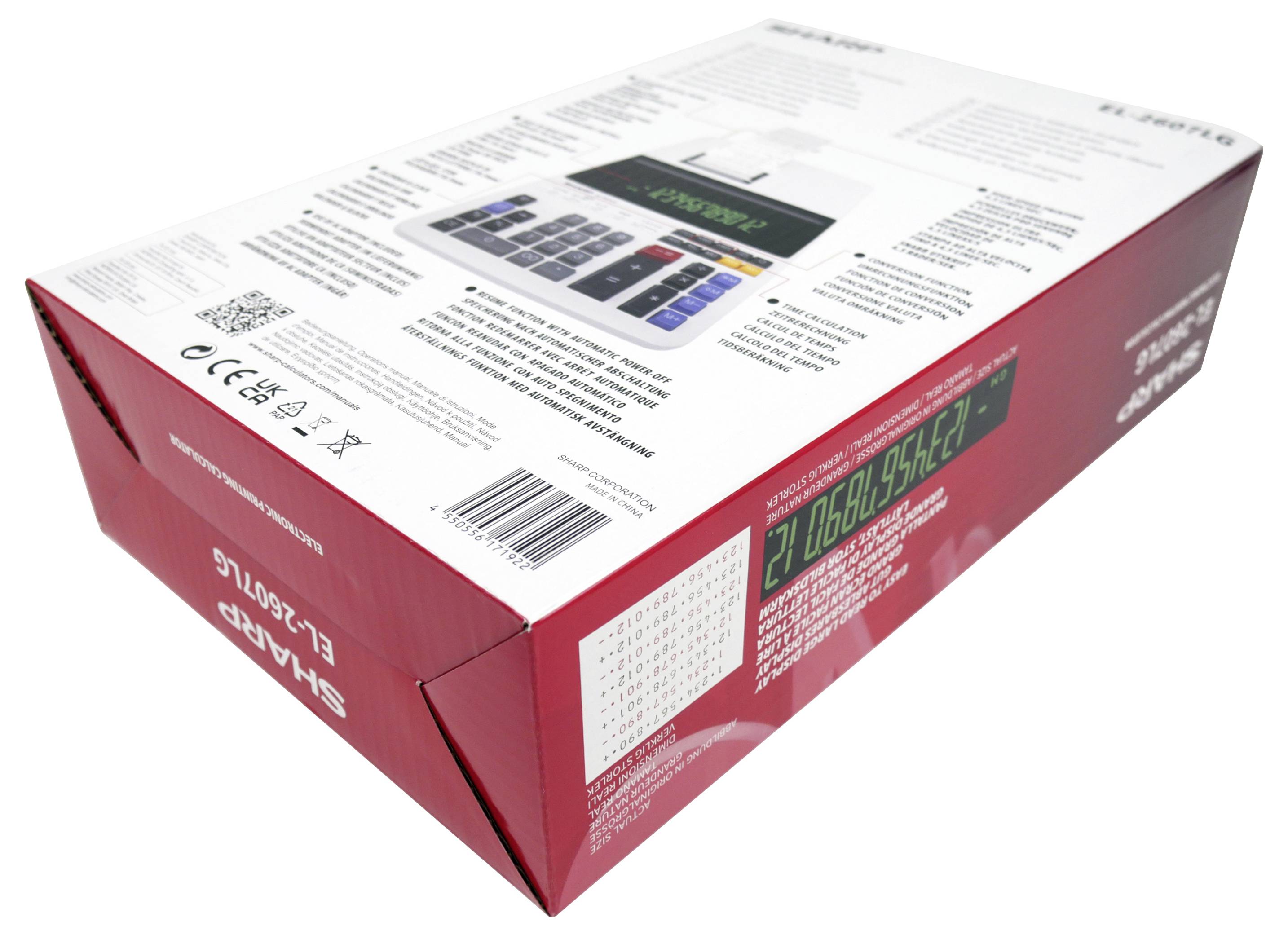 Emballage de boîte rouge et blanche pour calculatrice Sharp EL-2196BL. Comprend une image du produit, des spécifications techniques et un code-barres sur les côtés.
