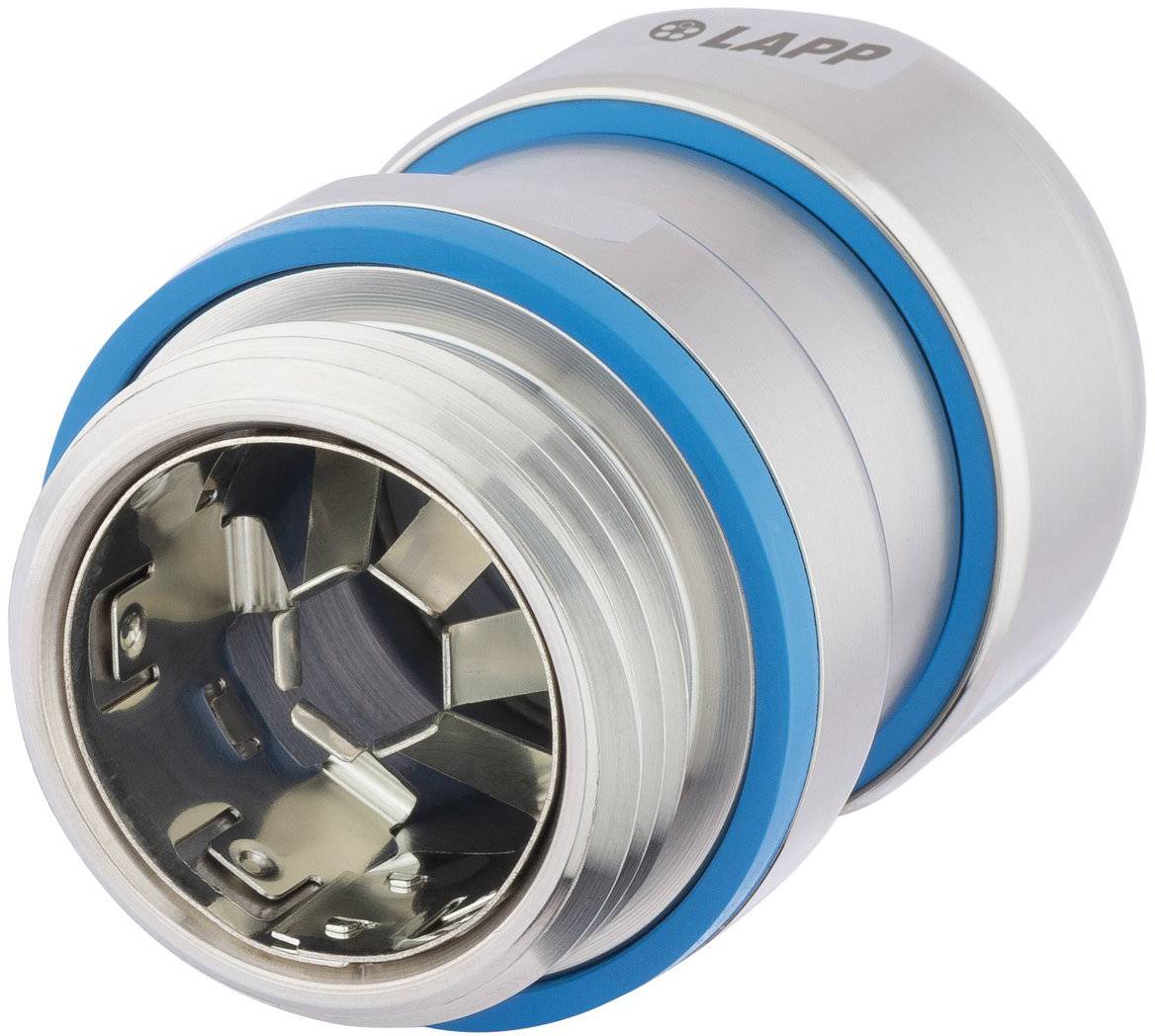 Ein industrieller Metallverbinder mit einem blauen Ring, an der Oberseite mit 'LAPP' gekennzeichnet, entwickelt für elektrische Verbindungen in industriellen Umgebungen.