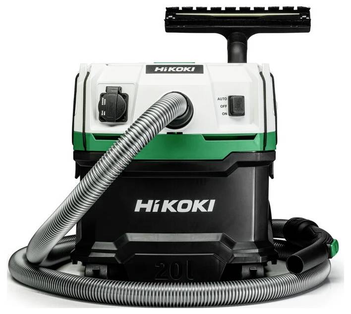 Aspirateur portable avec un tuyau flexible, deux boutons de commande, et un logo 'HiKOKI', conçu pour un usage professionnel.