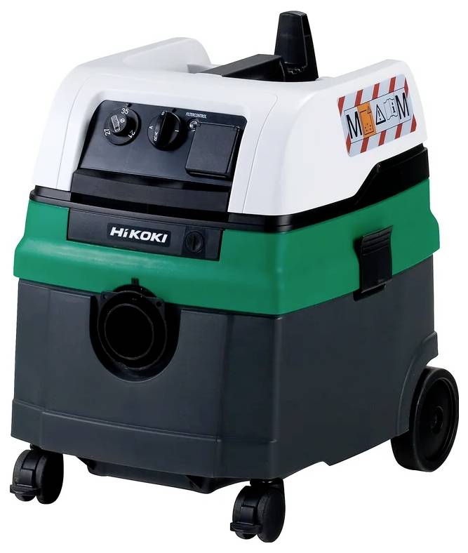 Un aspirateur industriel portable au design vert et noir, portant l'étiquette 'HiKoki', doté de boutons et de roues pour une mobilité facilitée.