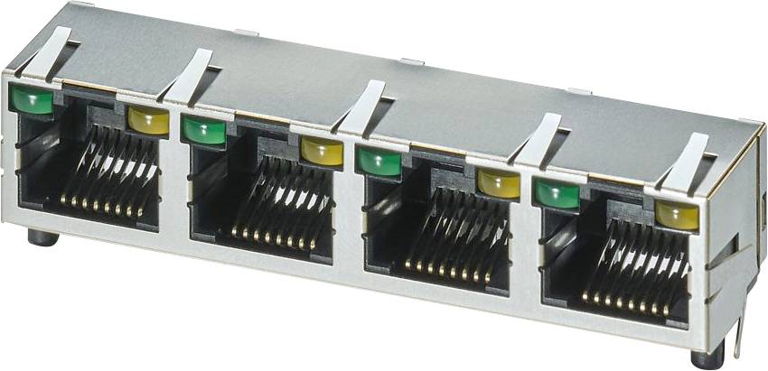 Module de connecteur femelle RJ45 à quatre ports pour réseaux Ethernet, avec des indicateurs alternant entre le jaune et le vert au-dessus de chaque port.