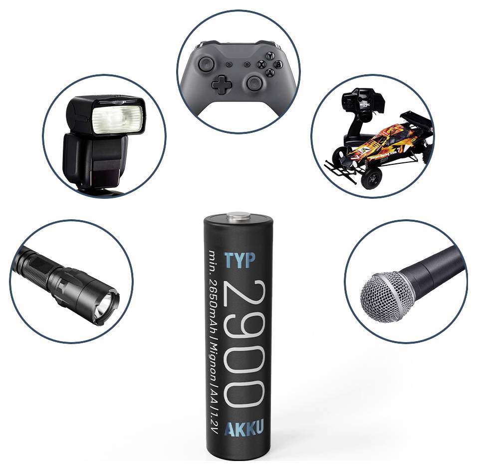 Batterie au centre avec des appareils électroniques comme une manette de jeu, un flash, une voiture télécommandée, une lampe de poche et un microphone autour, indiquant la compatibilité.