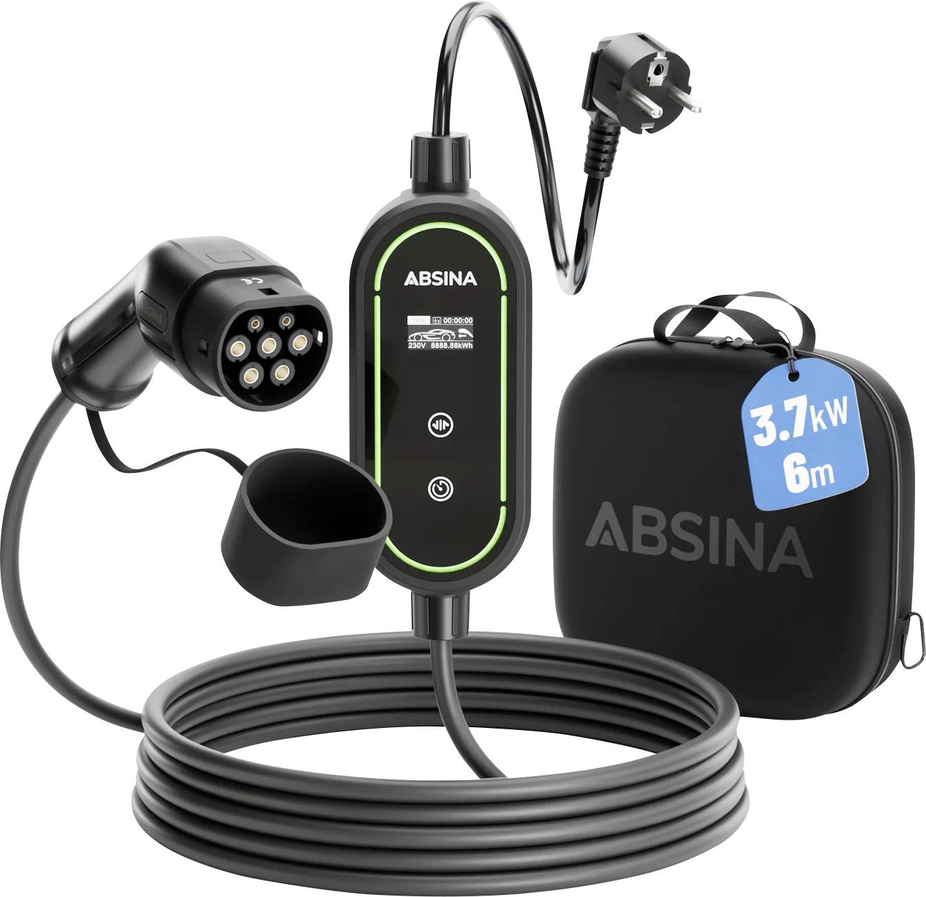 Chargeur de véhicule électrique de marque 'ABSINA' avec un câble enroulé de 6 mètres, présentant une prise européenne, une unité de contrôle de charge et un étui de transport étiqueté '3,7 kW'.