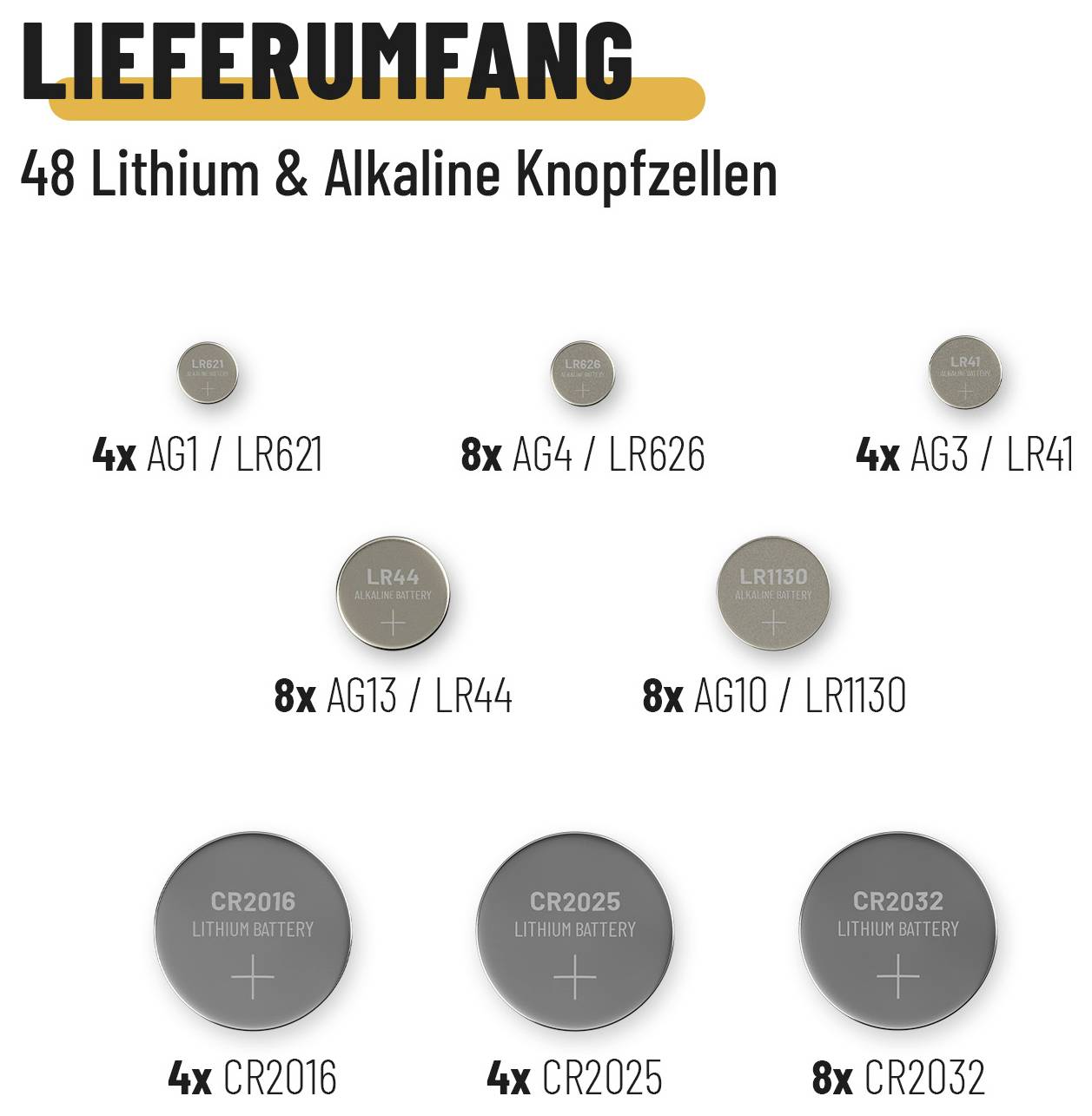 L'image présente une collection de 48 piles boutons lithium et alcalines de différents modèles, comprenant les modèles AG1, AG4, AG3, AG13, AG10, LR621, LR626, LR41, LR44, LR1130, CR2016, CR2025 et CR2032.