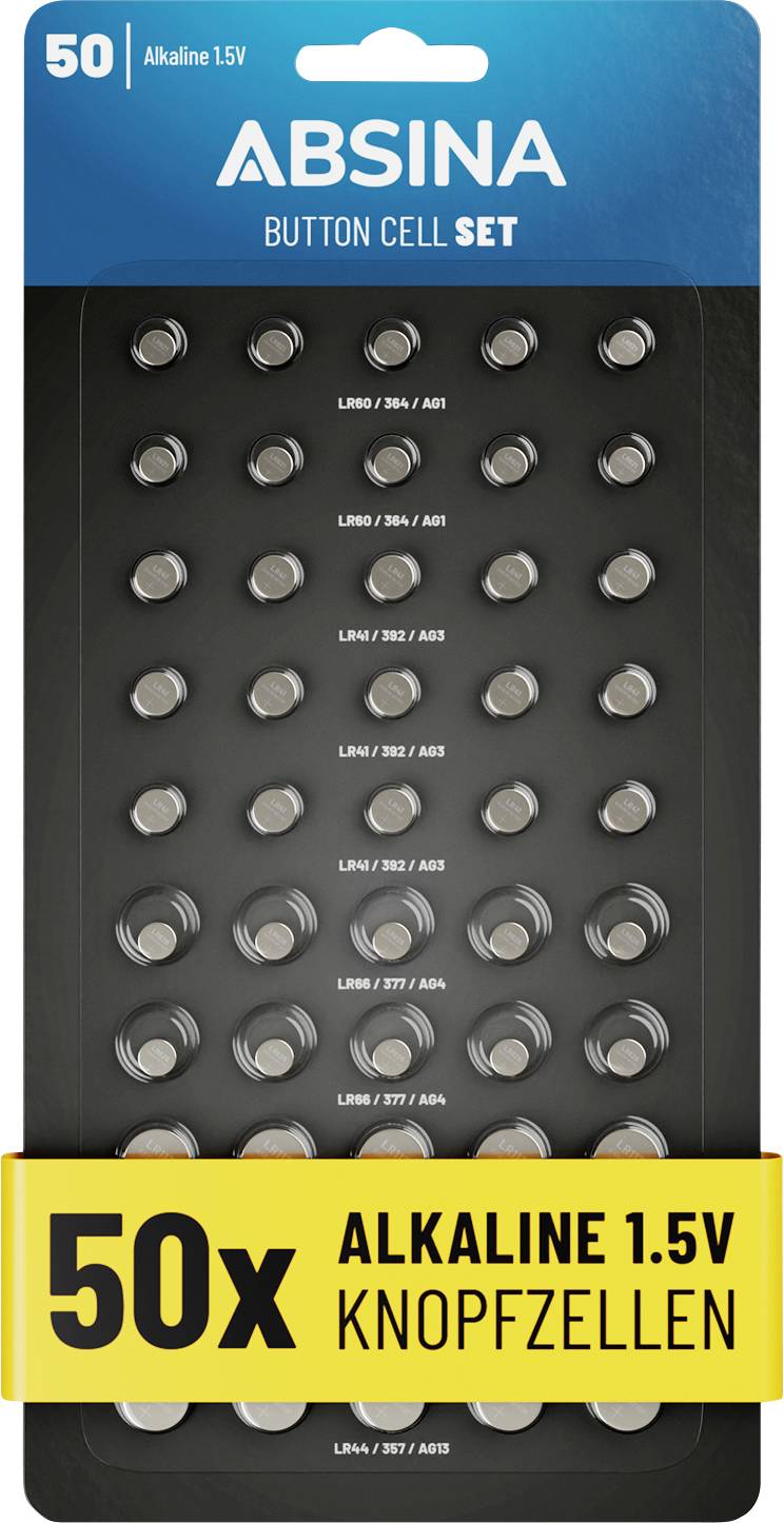 Ensemble de Piles Boutons ABSINA avec 50 piles alcalines de 1,5V disposées en grille. Comprend des numéros de modèles intégrés à la conception.