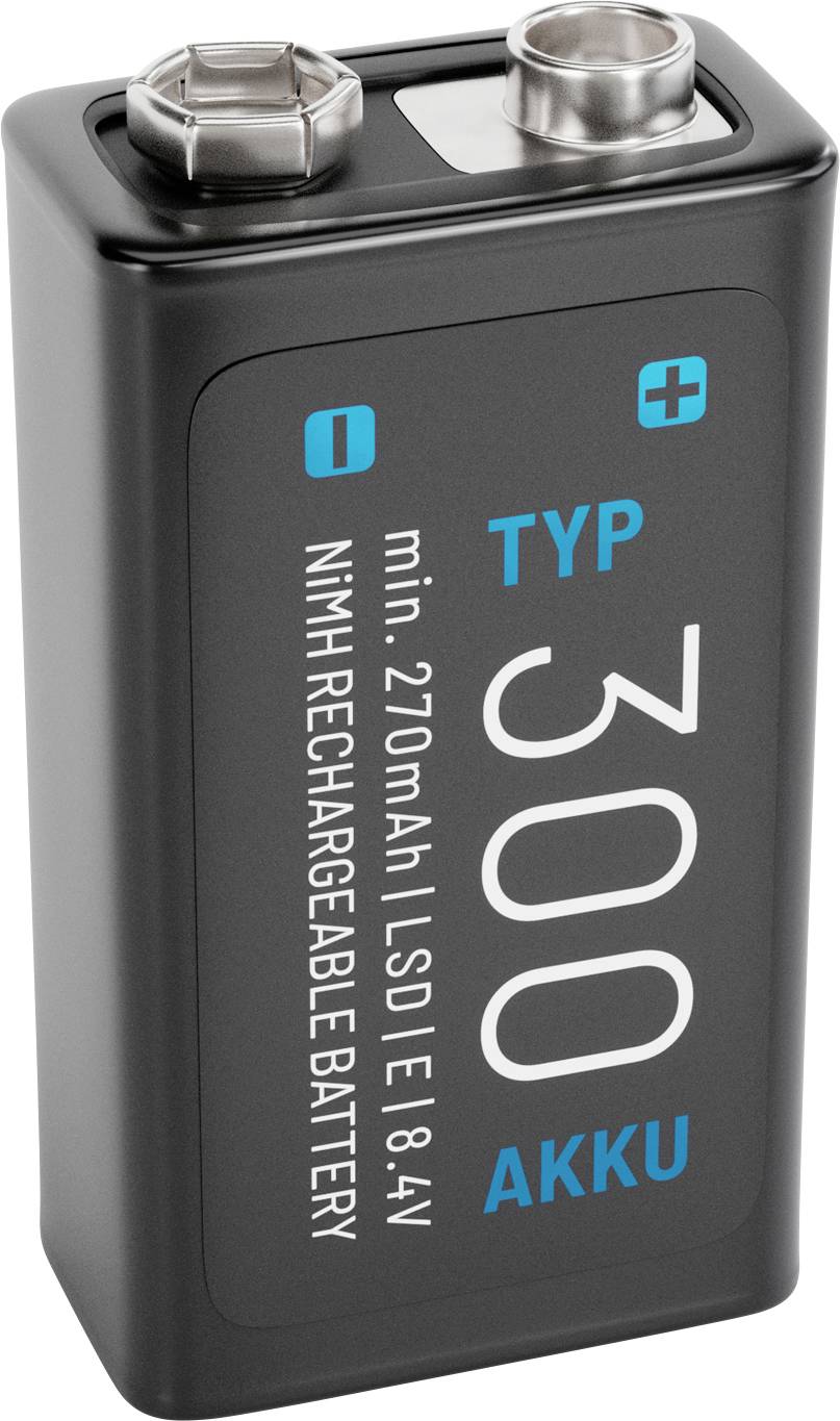 Une batterie rechargeable rectangulaire étiquetée 'TYP 300 AKKU', avec des repères pour les bornes positives et négatives.