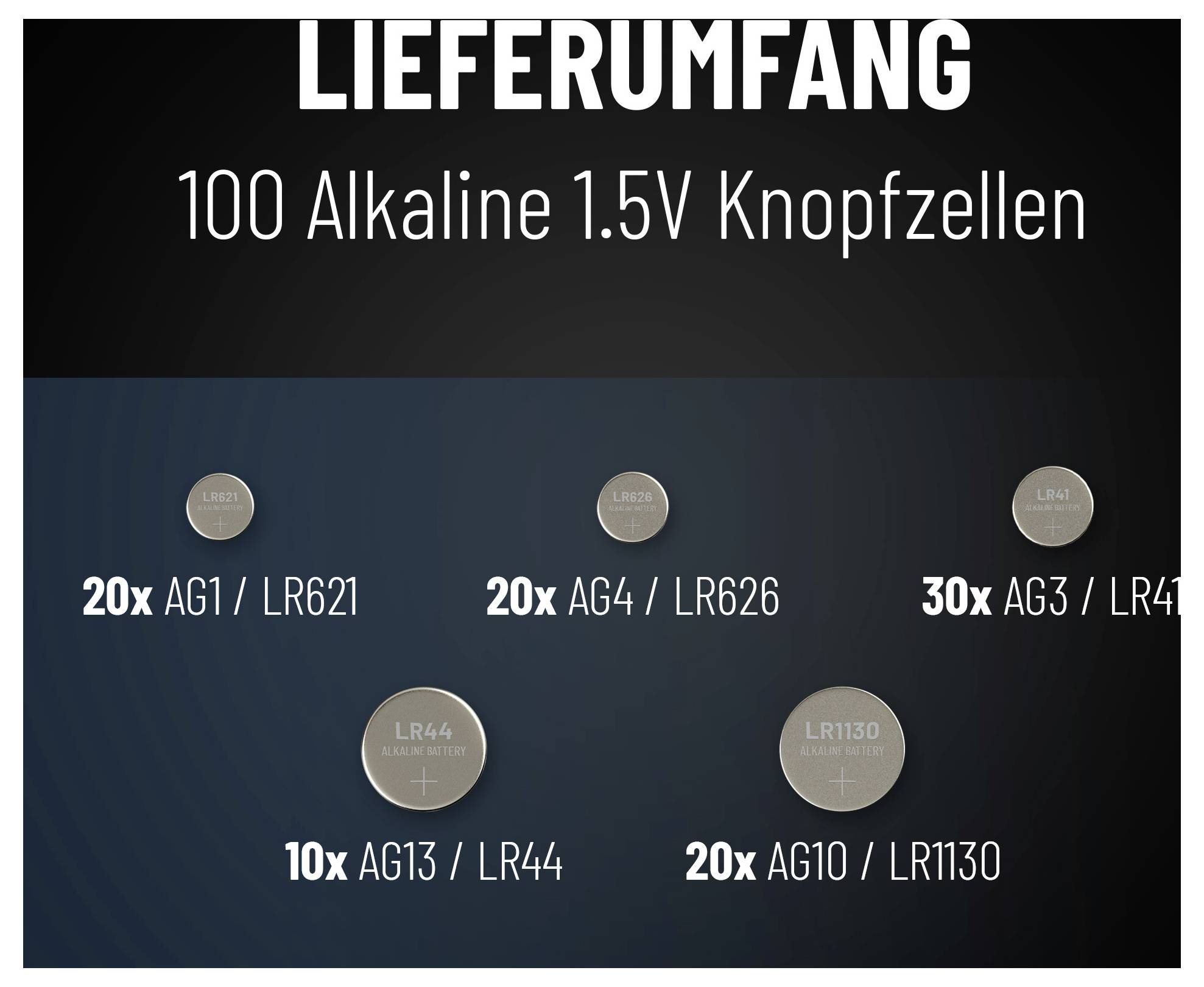 'Contenu de la livraison : 100 Piles bouton alcalines 1,5V' affiché. Comprend les piles : 20x AG1, 20x AG4, 30x AG3, 10x AG13, 20x AG10.