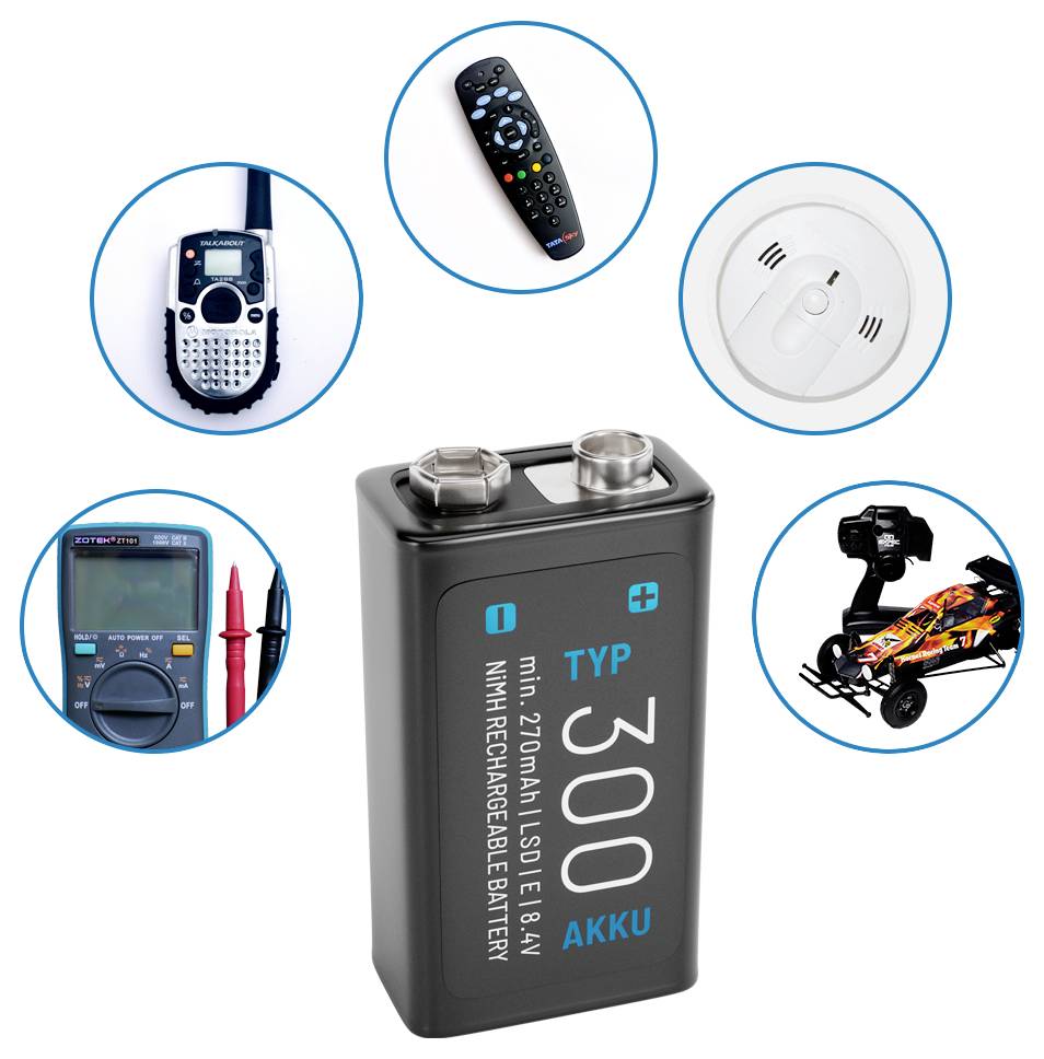 Batterie rechargeable 9V de 300 mAh avec capacité étiquetée, entourée d'images d'appareils qu'elle peut alimenter : télécommande, détecteur de fumée, voiture télécommandée, multimètre, talkie-walkie.