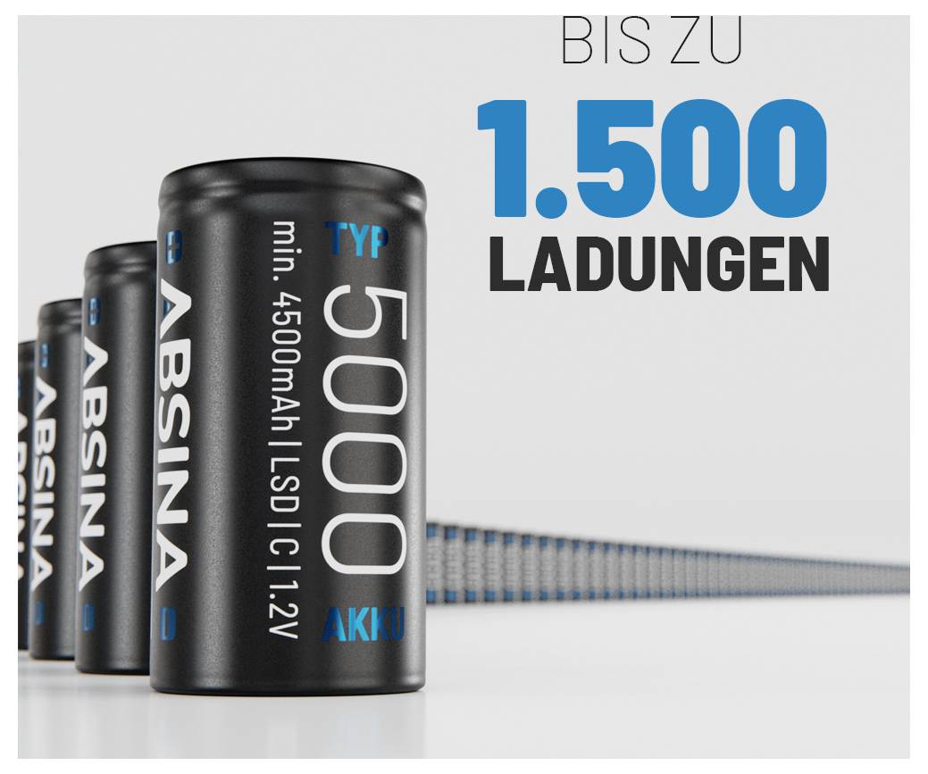 Un gros plan d'une batterie noire ABSINA. Le texte indique 'Typ 5000 min. 4500mAh LSDI C 1.2V'. En arrière-plan, d'autres batteries sont alignées. Texte : 'Jusqu'à 1 500 charges'.