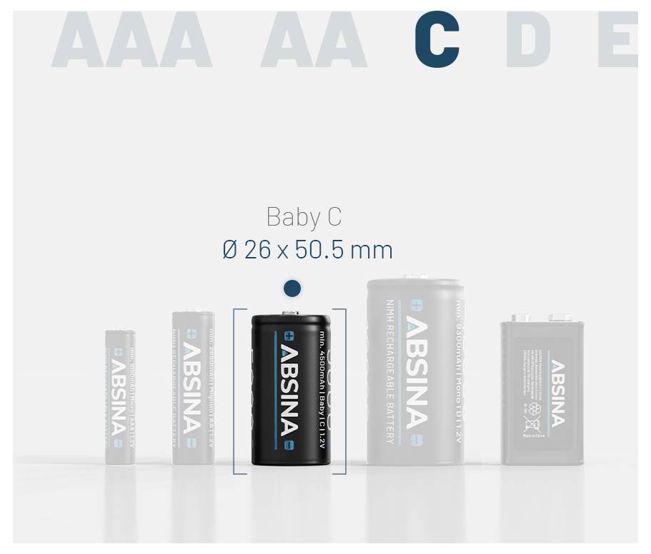 Image de comparaison de tailles de piles. 'Baby C : Ø 26 x 50,5 mm' est mis en évidence parmi différentes tailles de piles : AAA, AA, C, D, E.