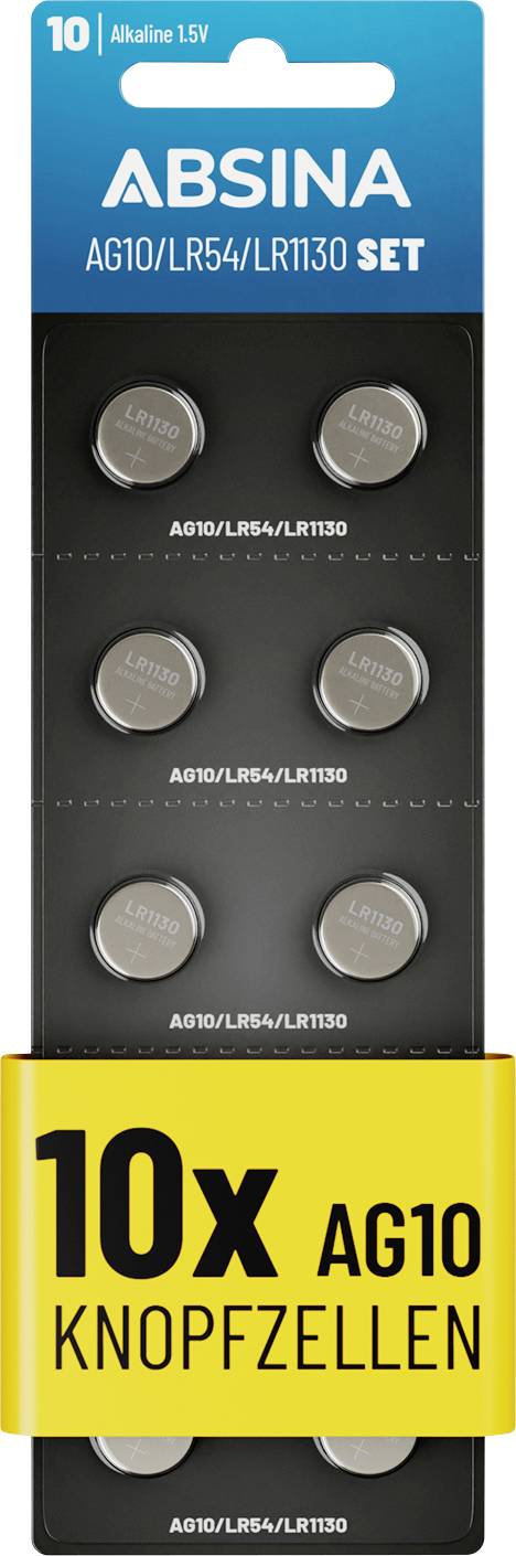Lot de 10 piles bouton alcalines ABSINA AG10/LR54/LR1130, 1,5V, sur une carte noire avec étiquette jaune.