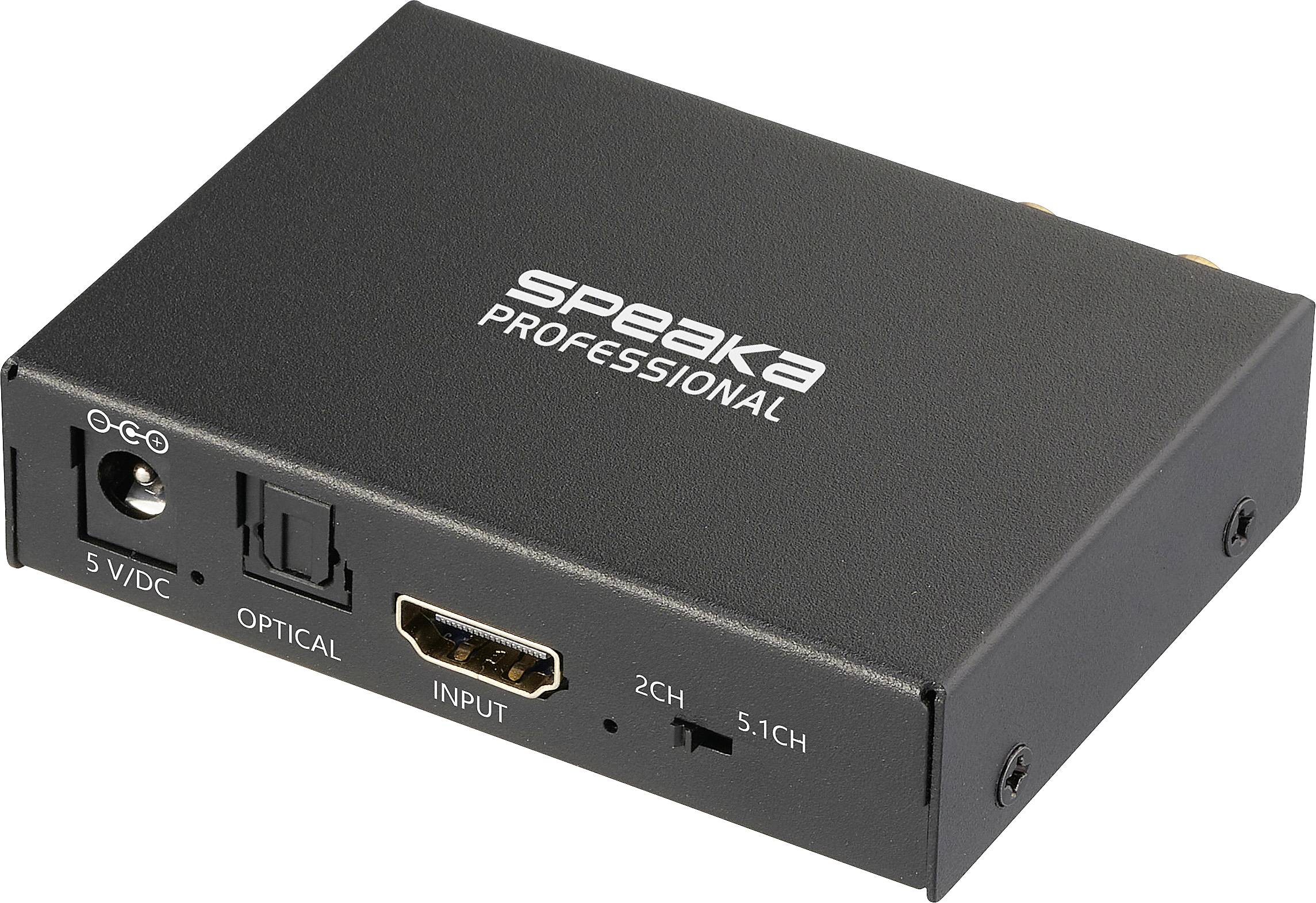 Un convertisseur audio noir SpeaKa Professional avec entrée optique, entrée HDMI et commutateur pour sortie stéréo 2 canaux ou surround 5.1.