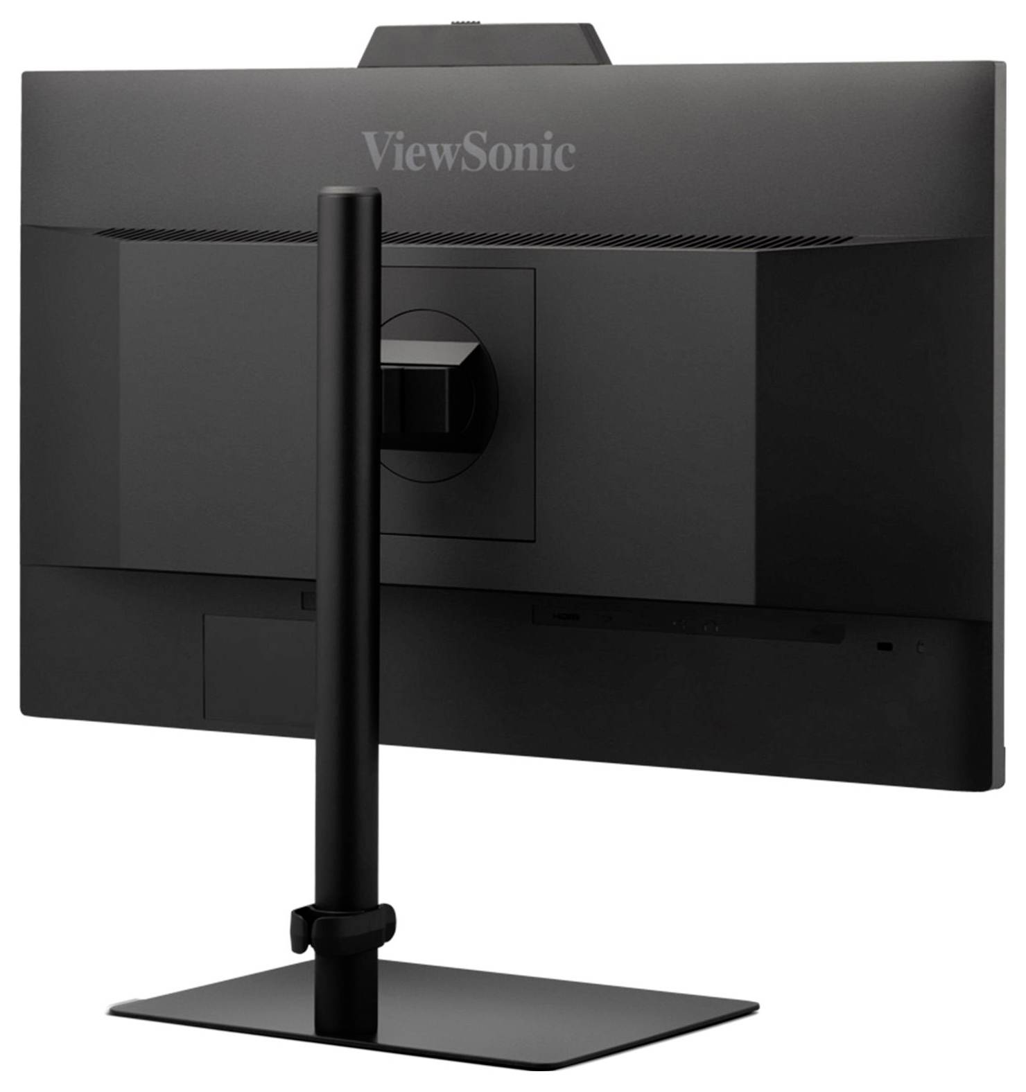 Un écran noir ViewSonic vu de dos, présentant un design élégant avec un support réglable.